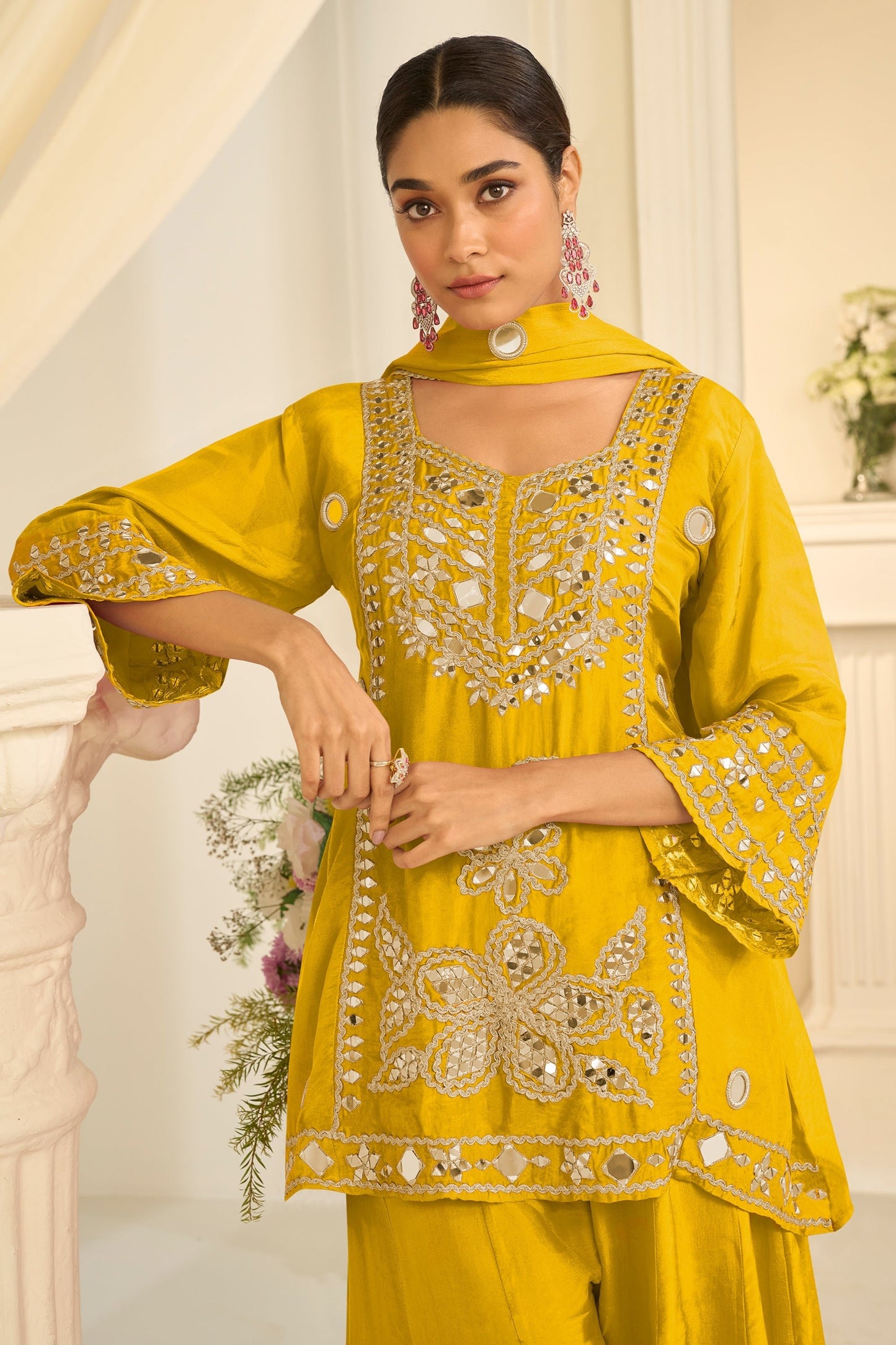 Yellow Readymade Mirror Work Chinon A-line Suit-SAR12156_2_SareeButa.com