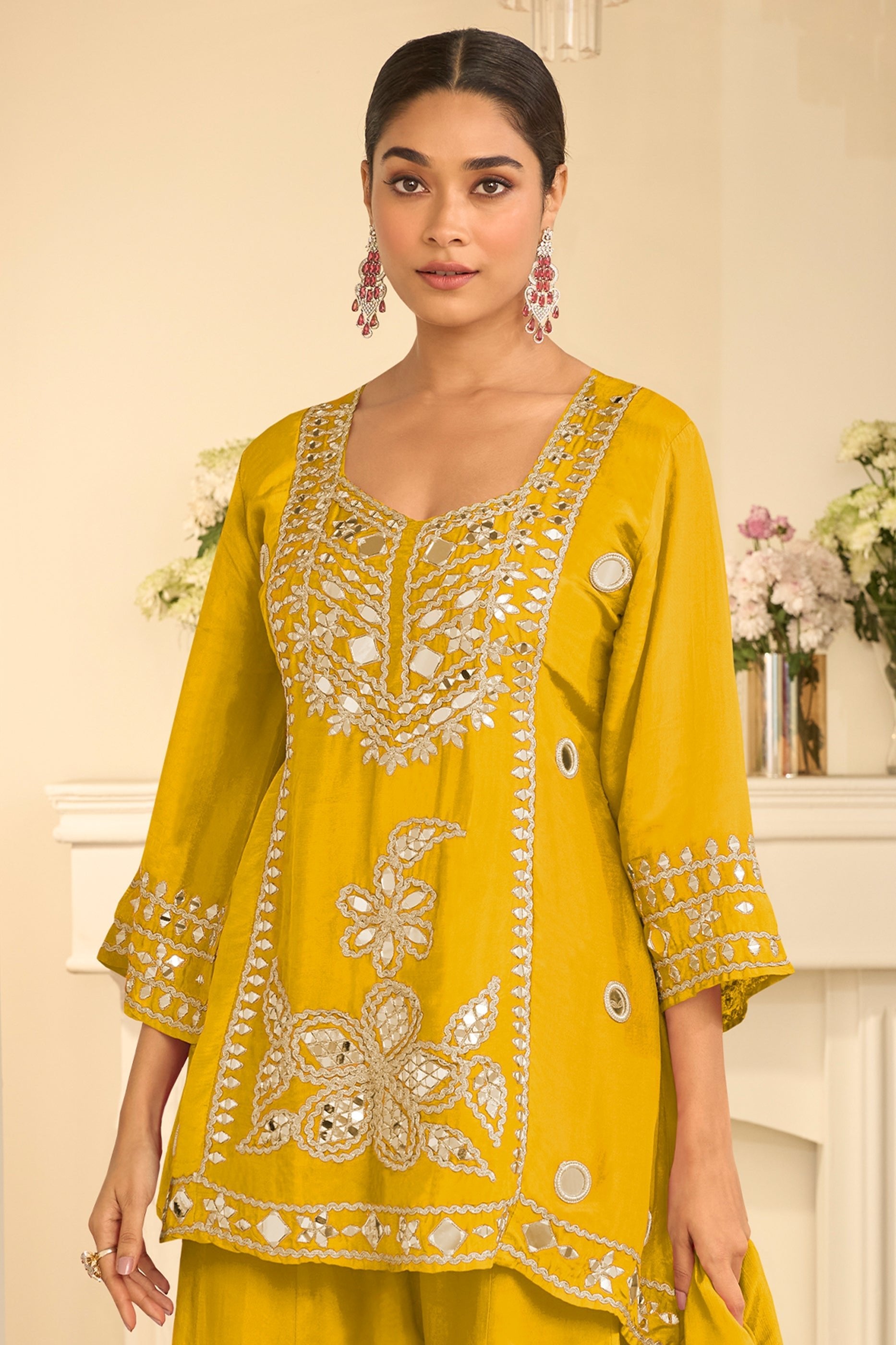 Yellow Readymade Mirror Work Chinon A-line Suit-SAR12156_3_SareeButa.com