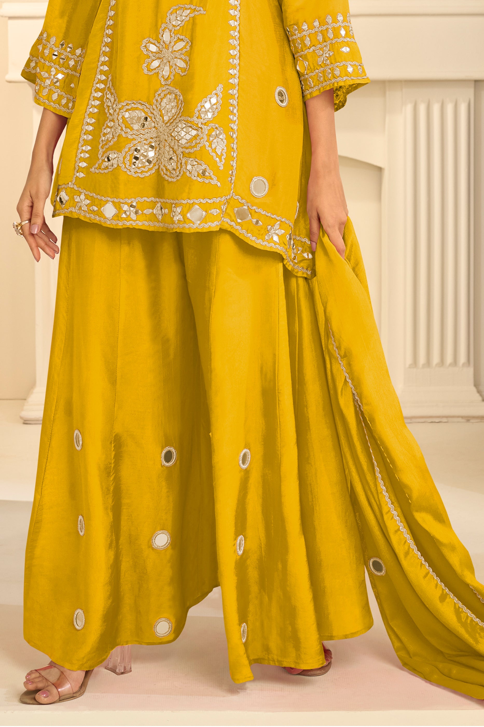 Yellow Readymade Mirror Work Chinon A-line Suit-SAR12156_4_SareeButa.com