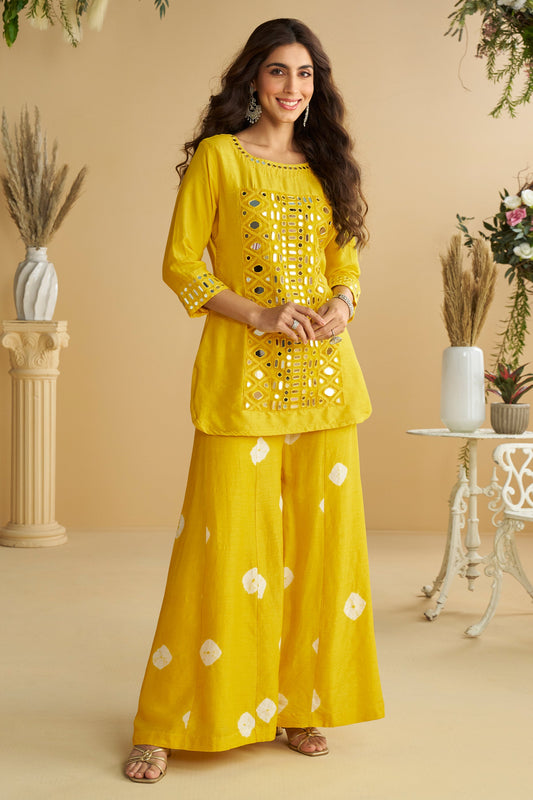 Yellow Readymade Mirror Work Silk Palazzo Set-SAR10771_1_SareeButa.com