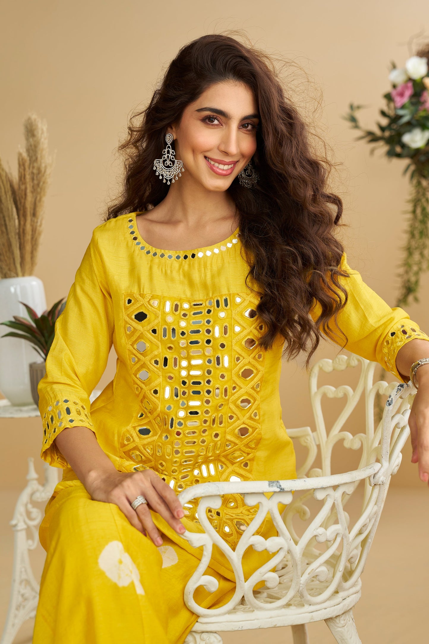 Yellow Readymade Mirror Work Silk Palazzo Set-SAR10771_2_SareeButa.com