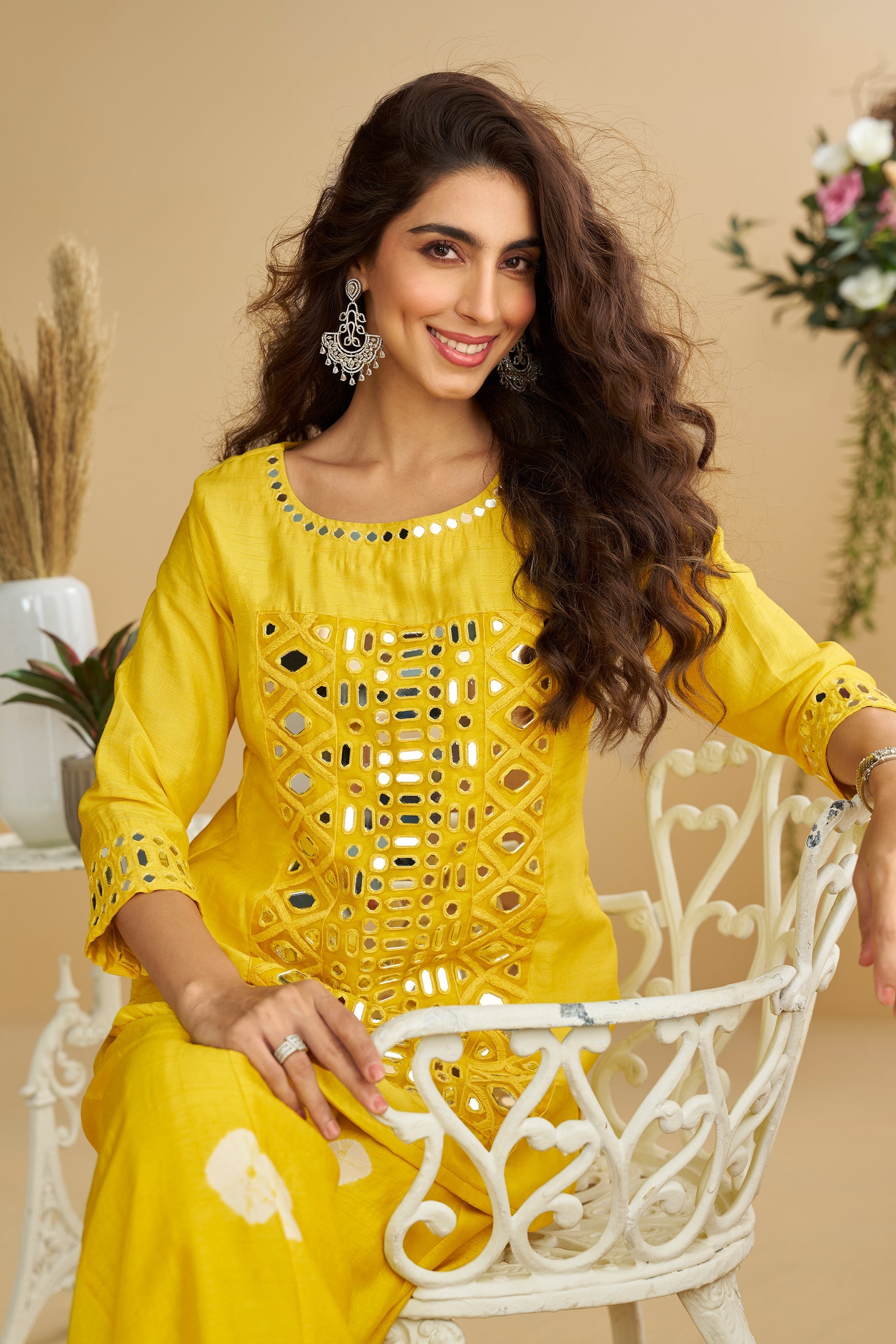 Yellow Readymade Mirror Work Silk Palazzo Set-SAR10771_2_SareeButa.com