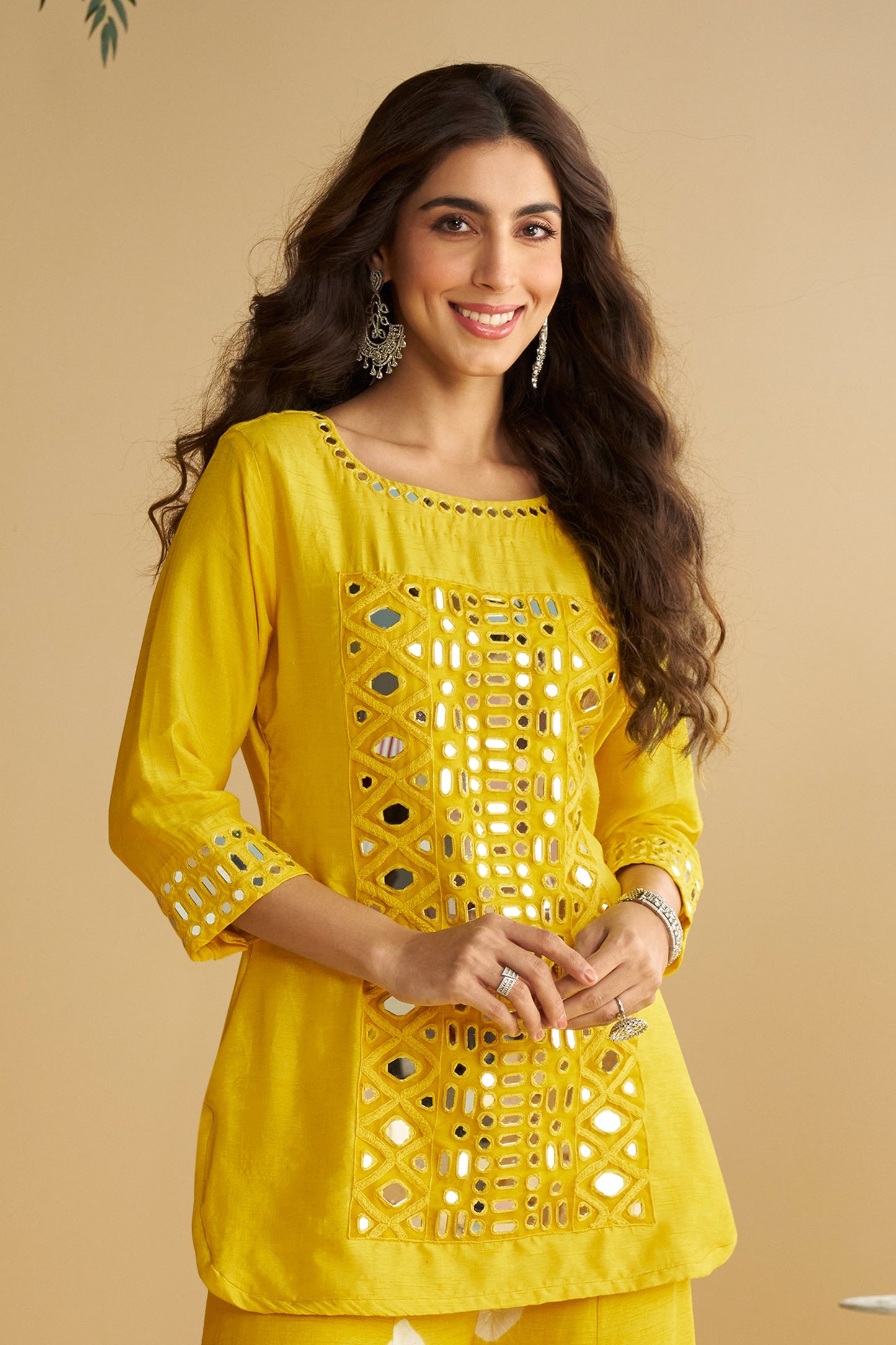 Yellow Readymade Mirror Work Silk Palazzo Set-SAR10771_3_SareeButa.com