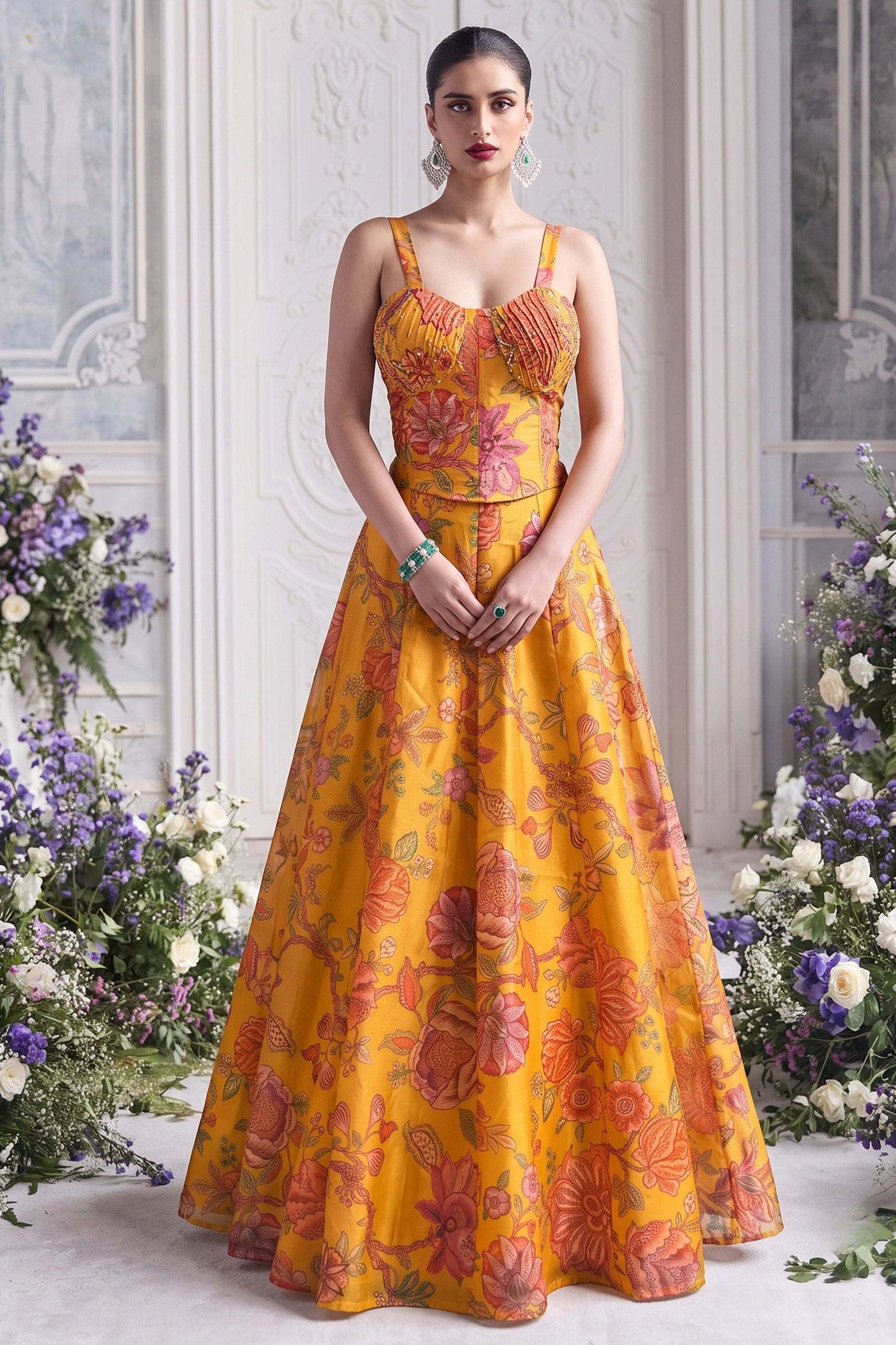 Yellow Readymade Printed Organza Skirt Set-SAR13117_1_SareeButa.com