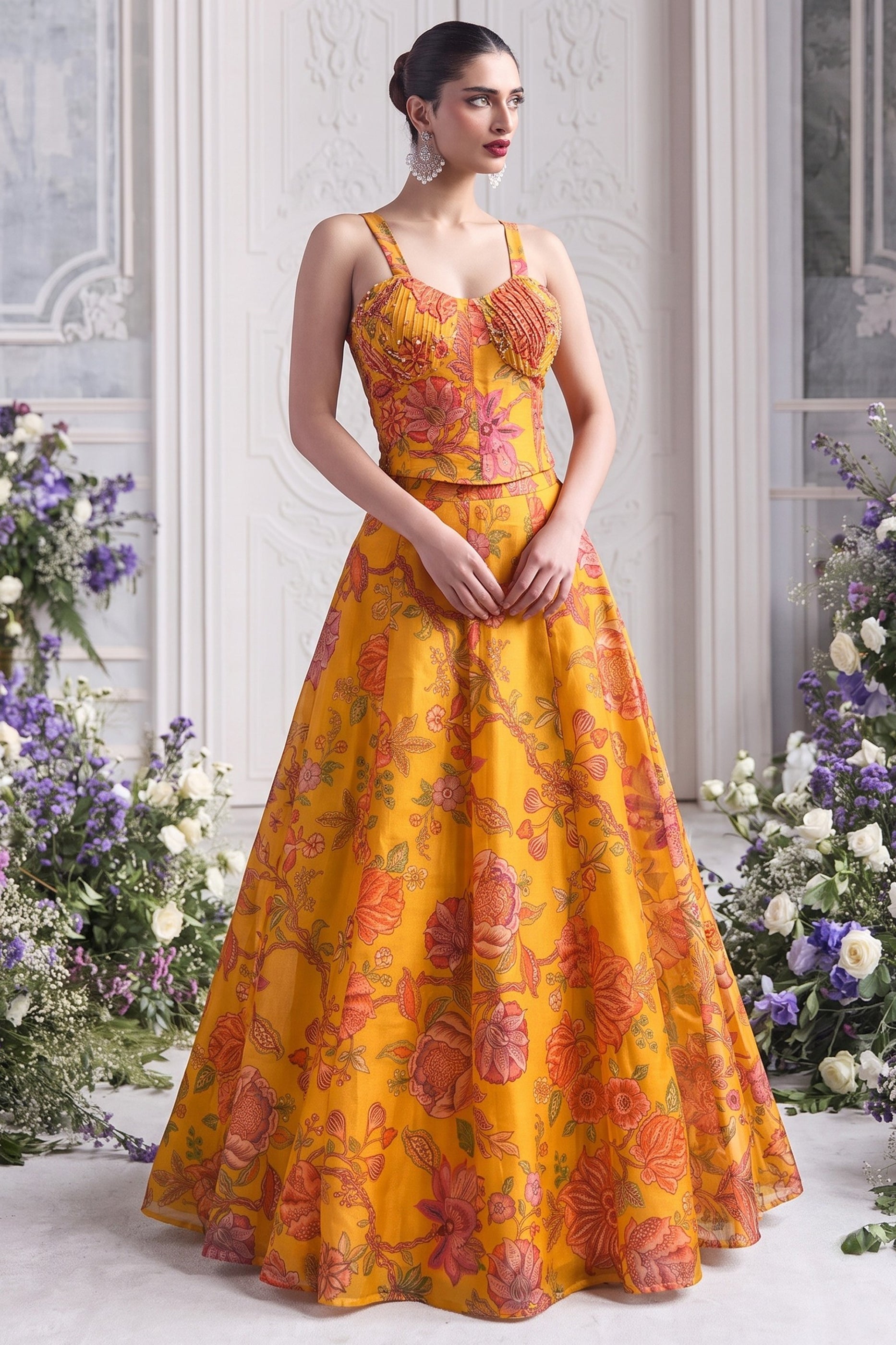 Yellow Readymade Printed Organza Skirt Set-SAR13117_3_SareeButa.com