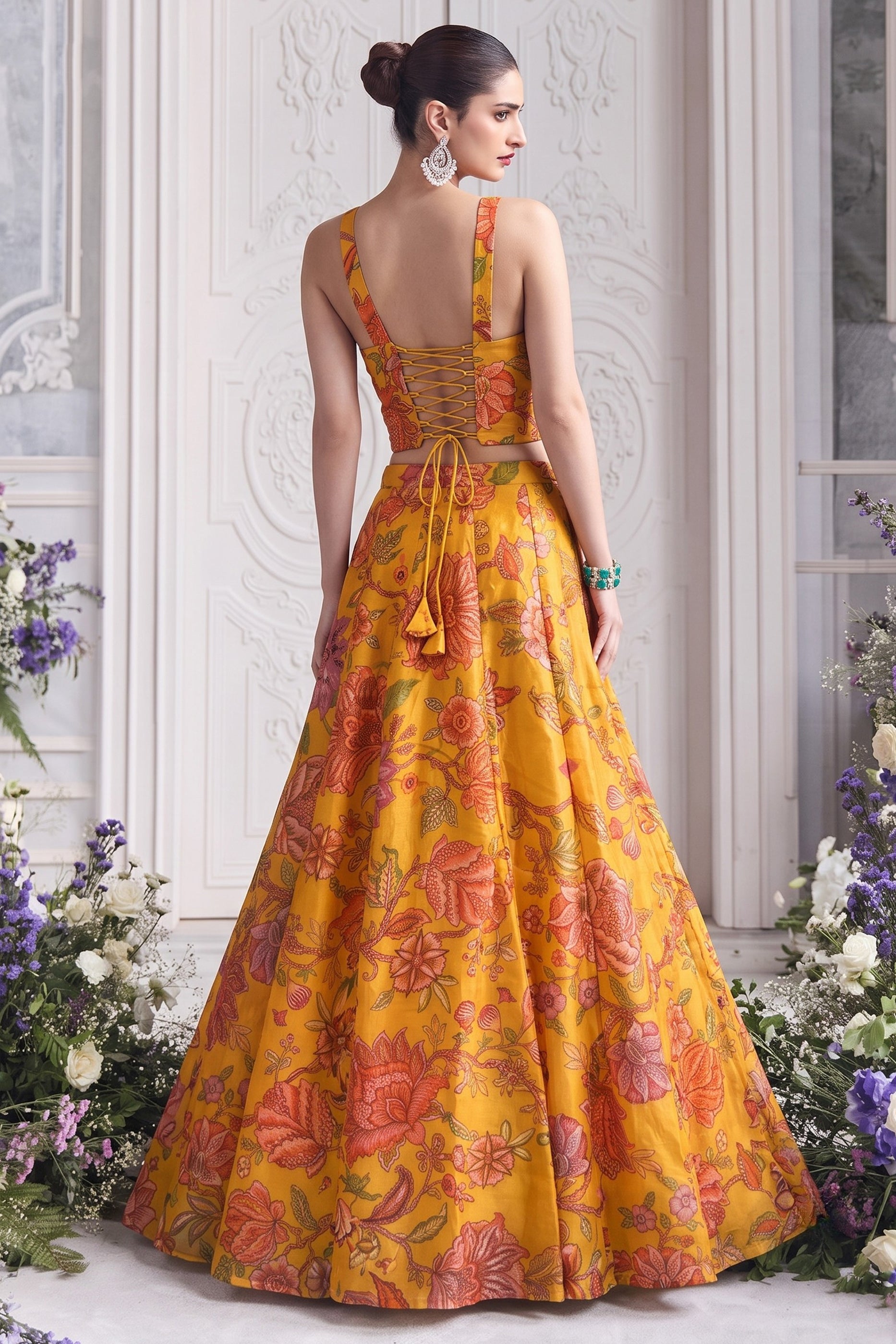 Yellow Readymade Printed Organza Skirt Set-SAR13117_4_SareeButa.com