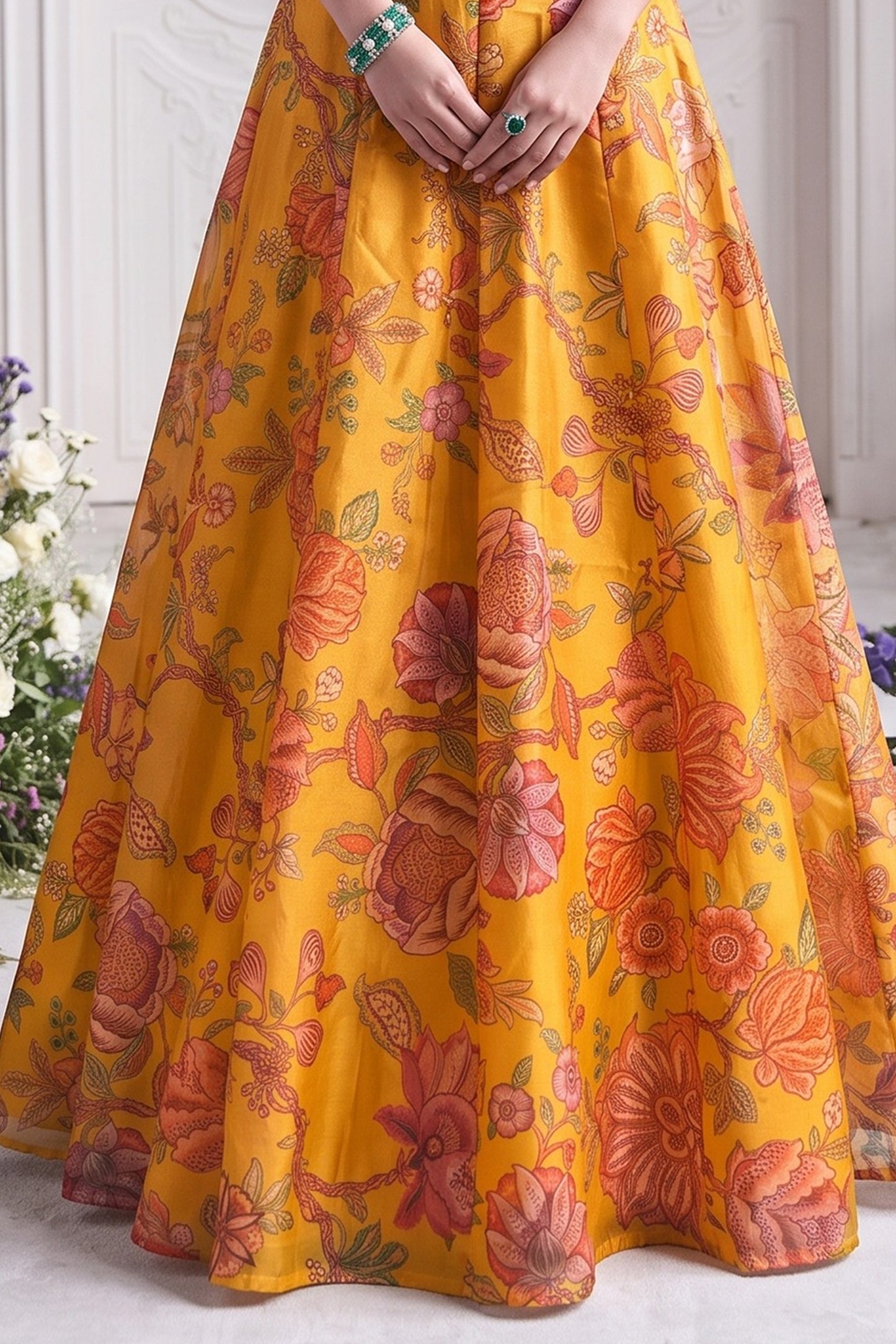 Yellow Readymade Printed Organza Skirt Set-SAR13117_6_SareeButa.com