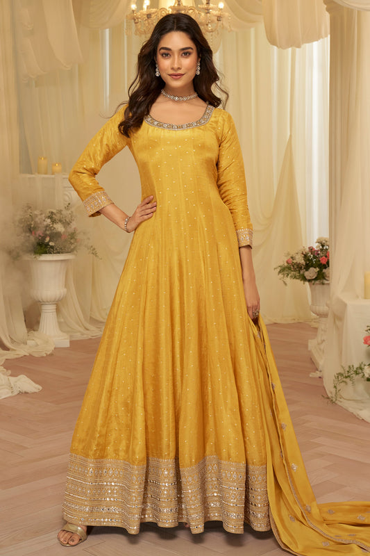 Yellow Readymade Viscose Jacquard Gown With Dupatta-SAR11692_1_SareeButa.com