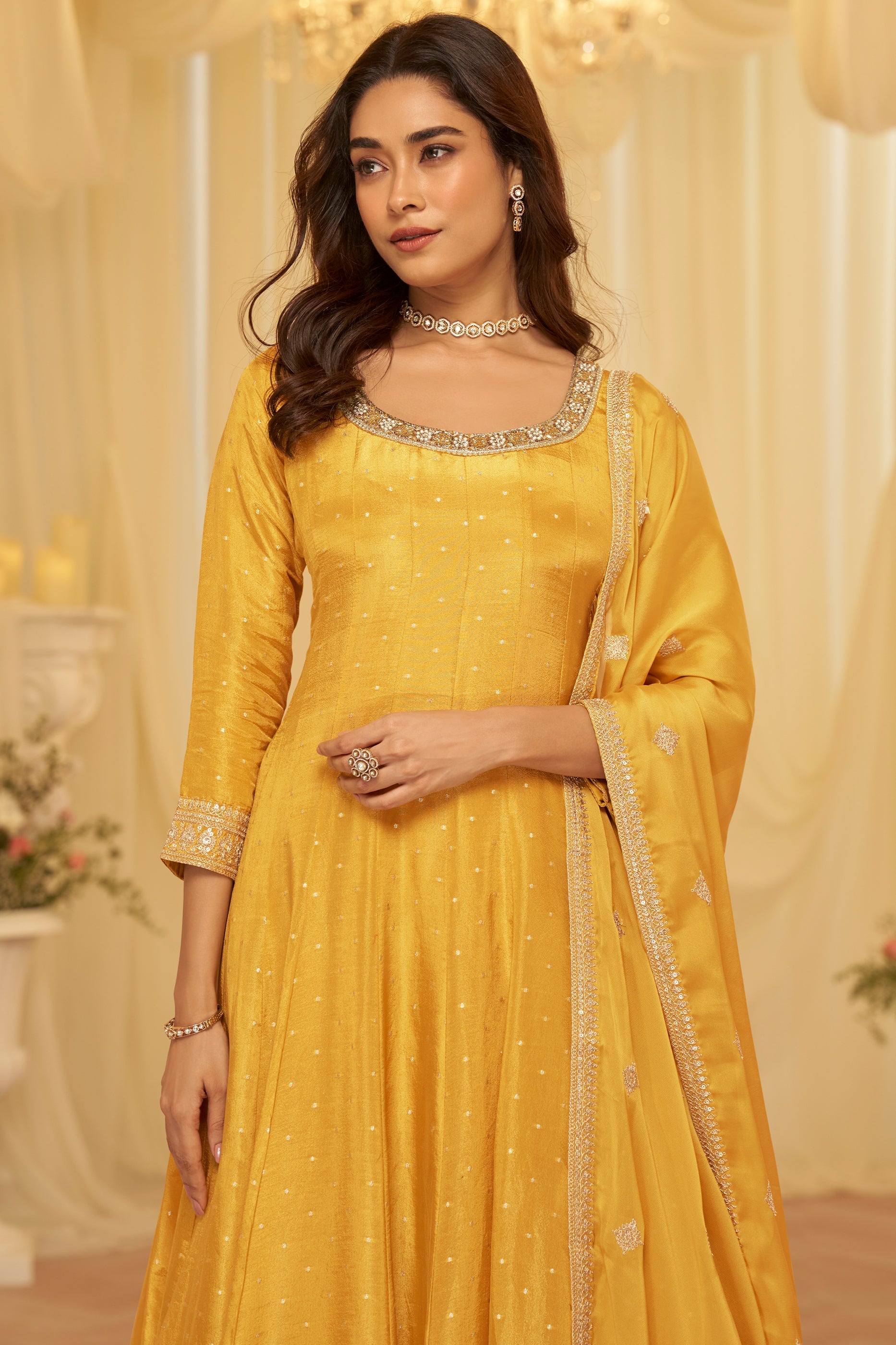 Yellow Readymade Viscose Jacquard Gown With Dupatta-SAR11692_2_SareeButa.com