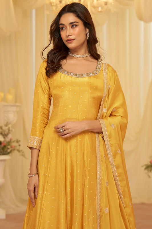 Yellow Readymade Viscose Jacquard Gown With Dupatta-SAR11692_2_SareeButa.com