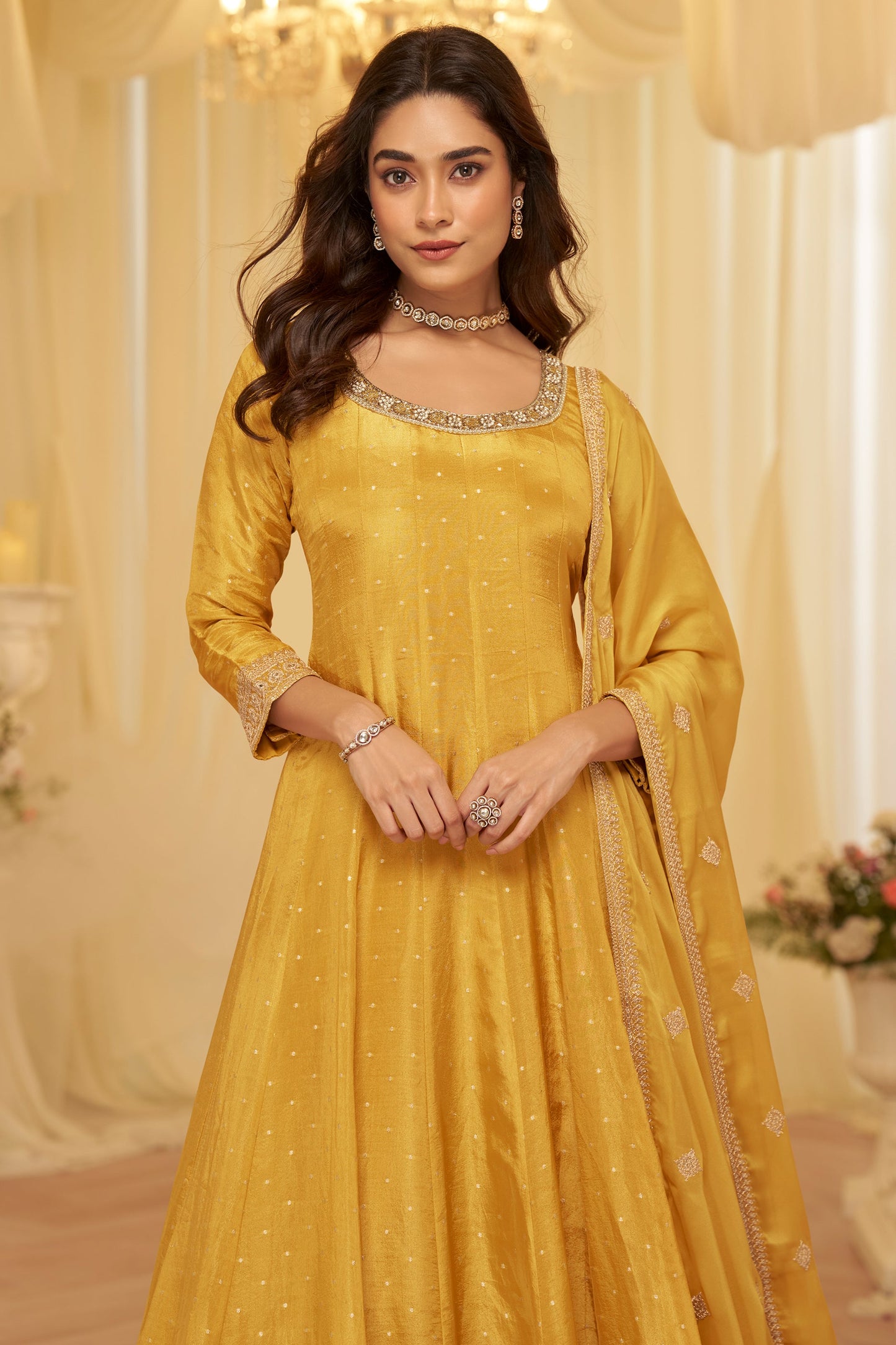 Yellow Readymade Viscose Jacquard Gown With Dupatta-SAR11692_3_SareeButa.com