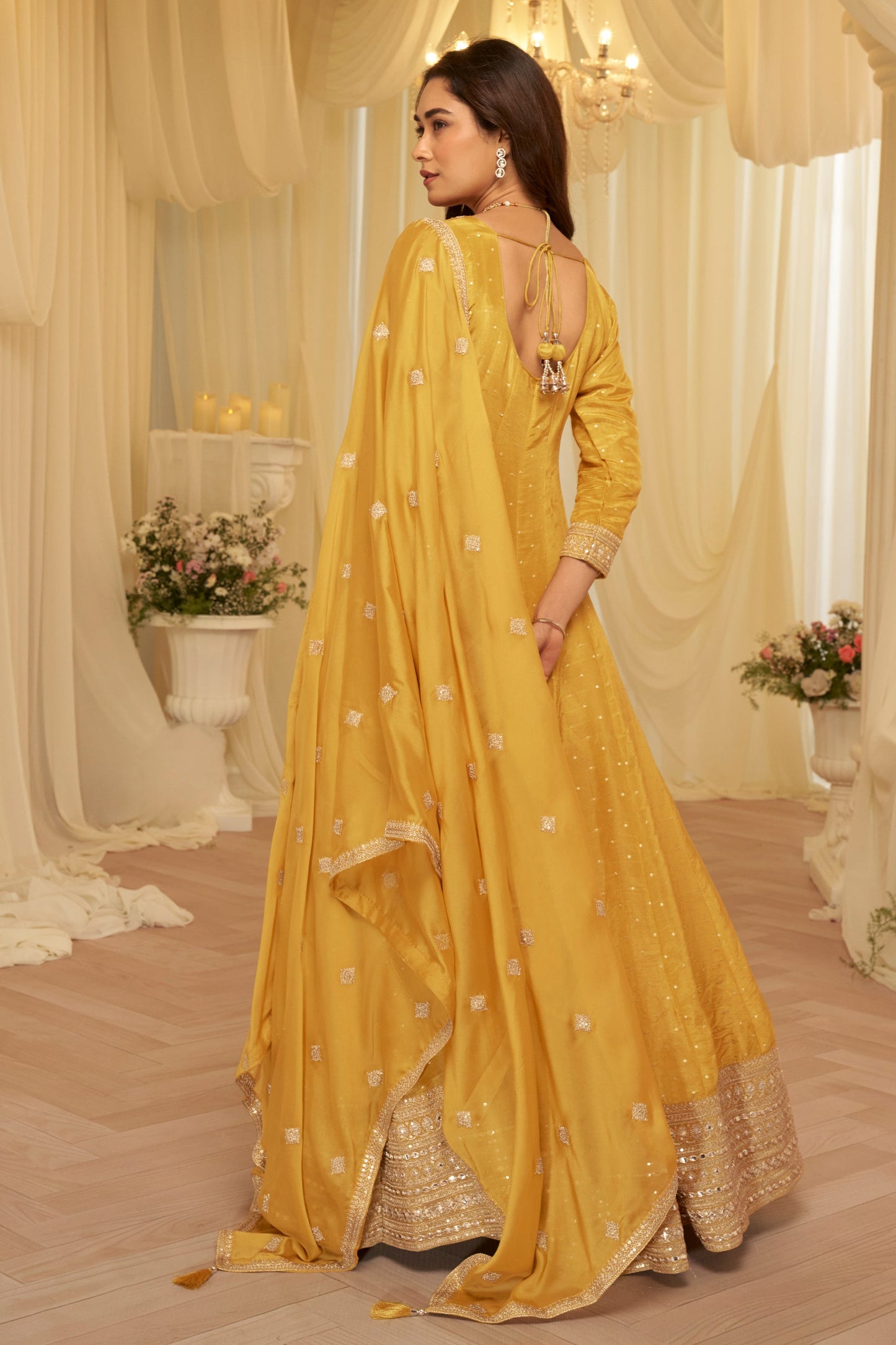 Yellow Readymade Viscose Jacquard Gown With Dupatta-SAR11692_4_SareeButa.com