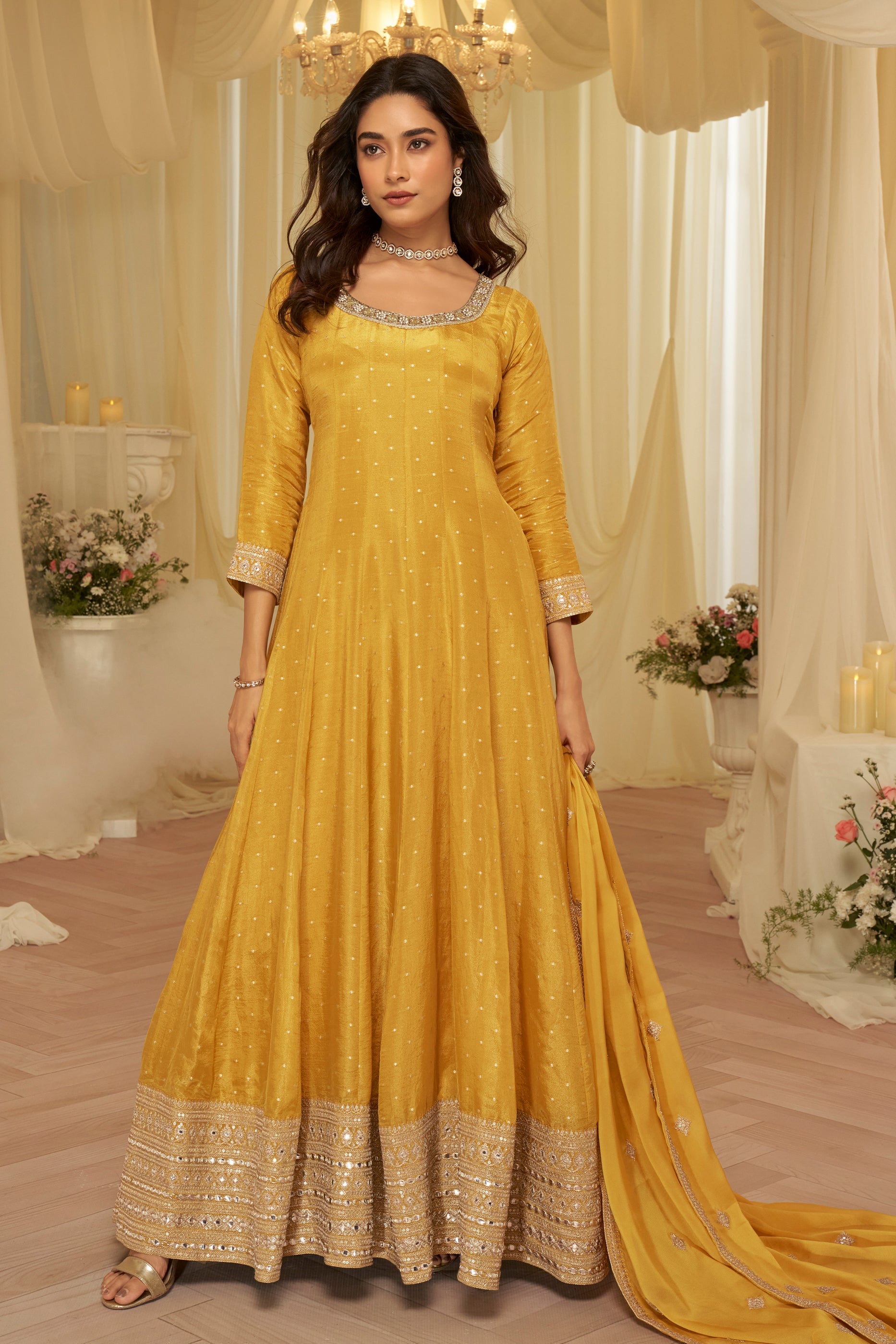 Yellow Readymade Viscose Jacquard Gown With Dupatta-SAR11692_5_SareeButa.com