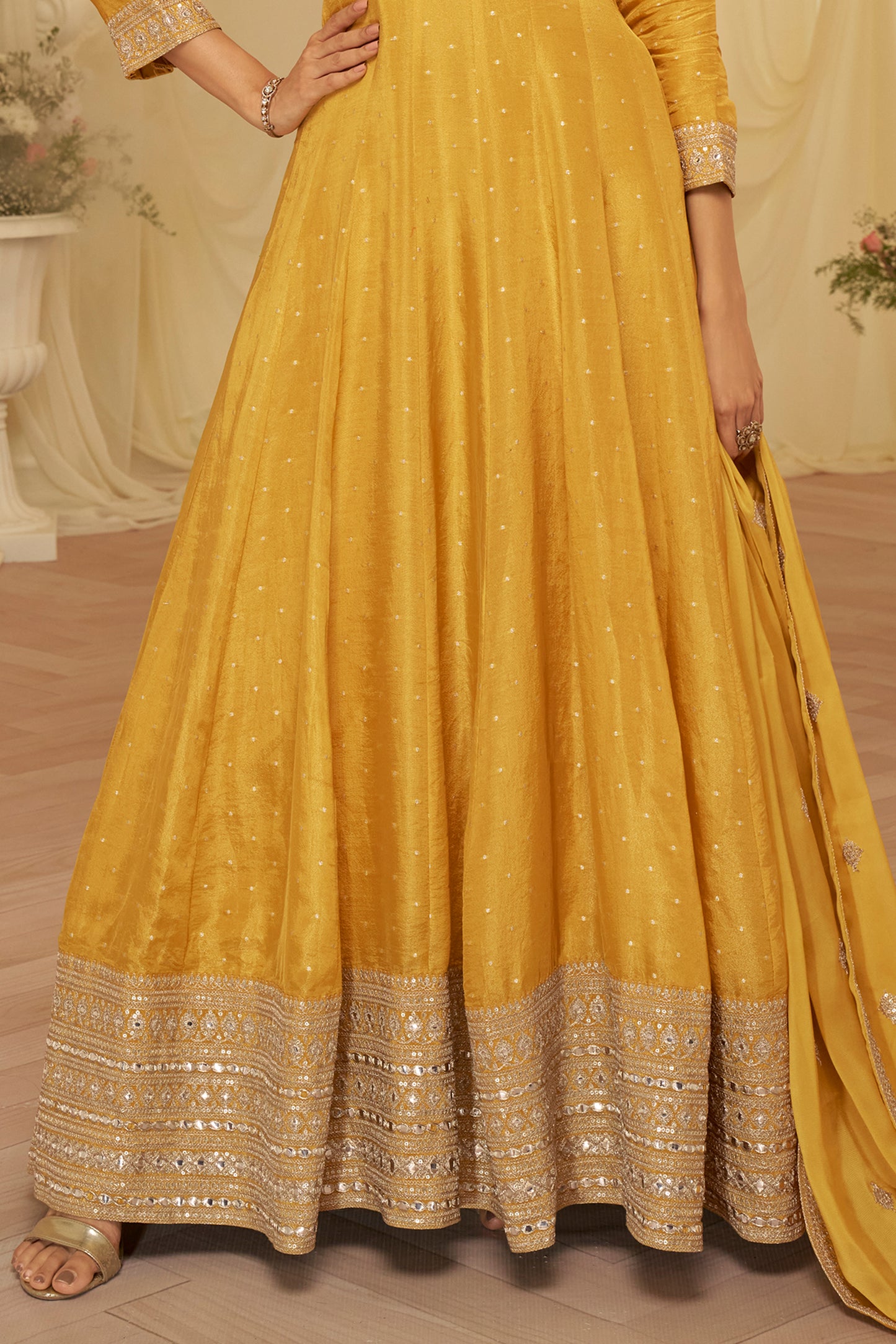 Yellow Readymade Viscose Jacquard Gown With Dupatta