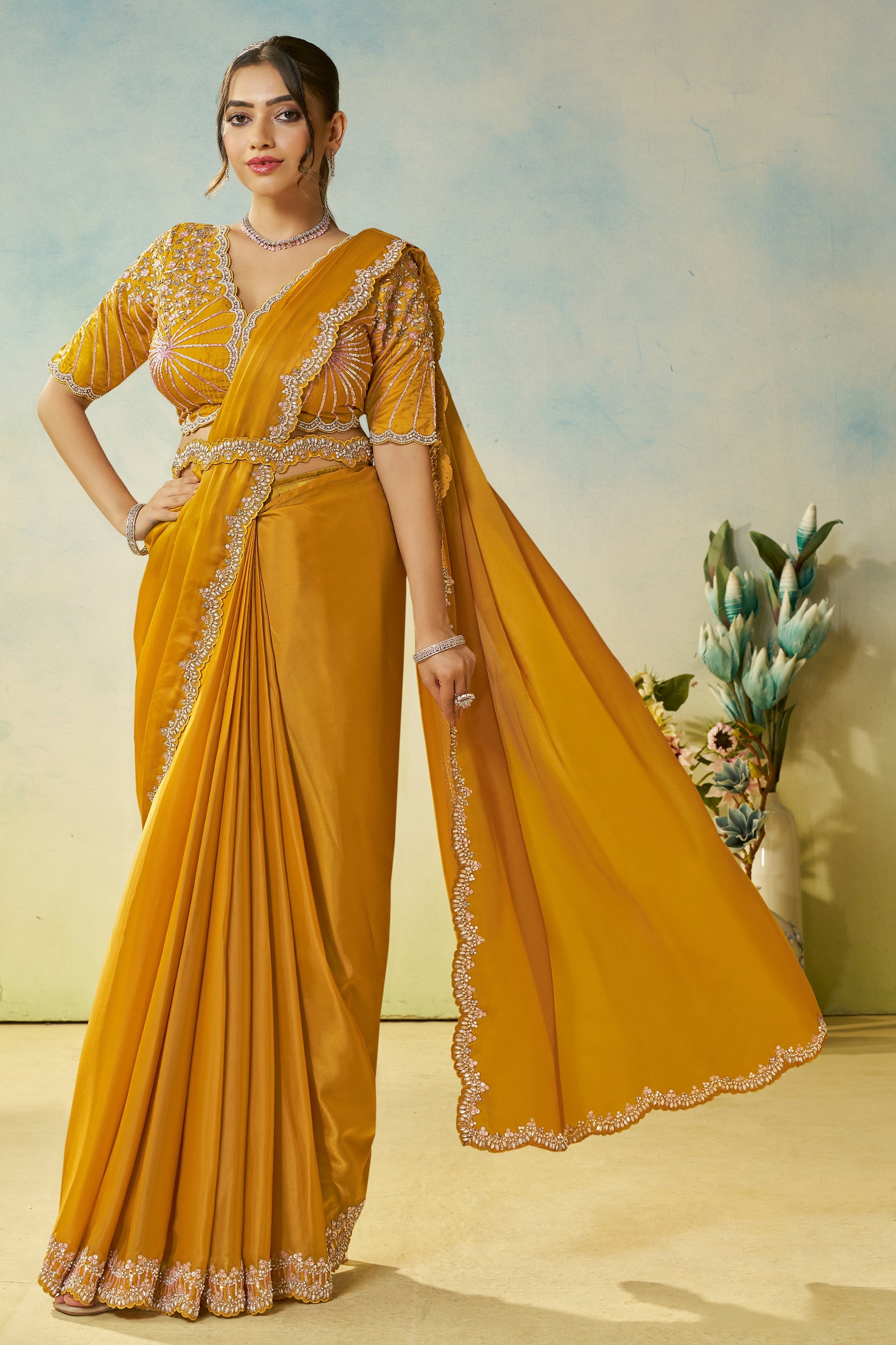 Yellow Satin Silk Readymade Saree-SAR11139_1_SareeButa.com