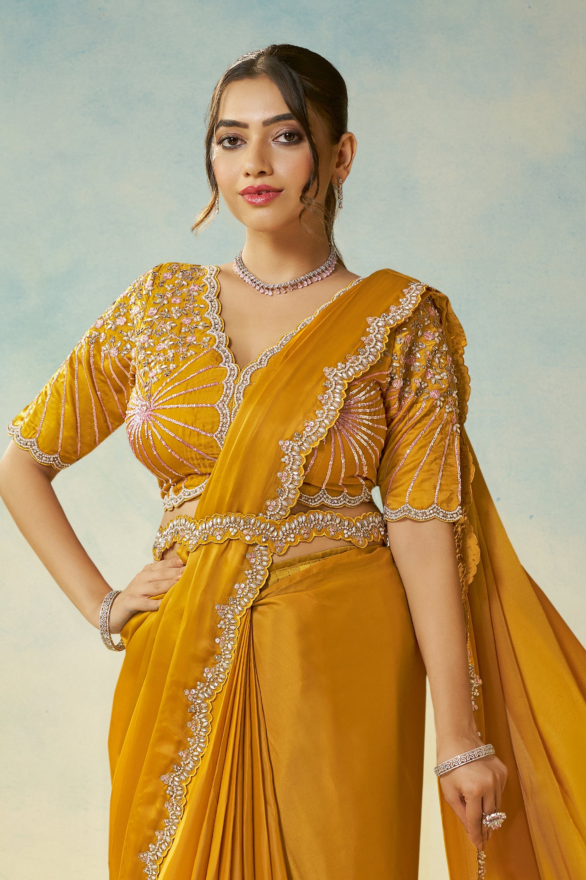 Yellow Satin Silk Readymade Saree-SAR11139_3_SareeButa.com