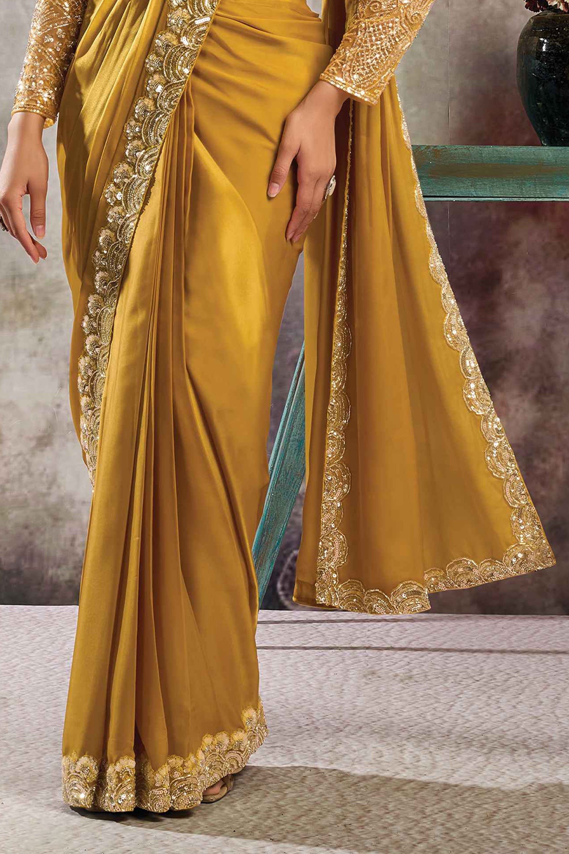 Yellow Satin Silk Readymade Saree with Stitched Blouse-SAR12103_5_SareeButa.com