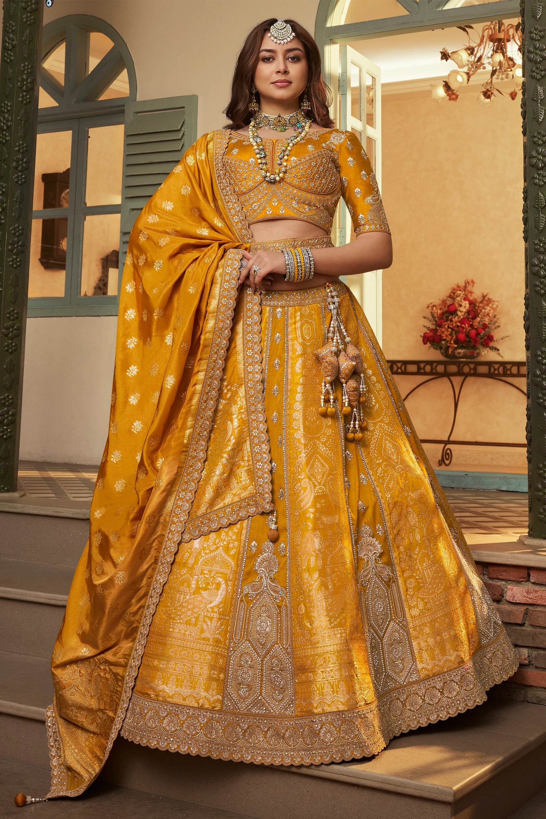 Yellow Semi-Stitched Banarasi Silk Lehenga-SAR11697_1_SareeButa.com