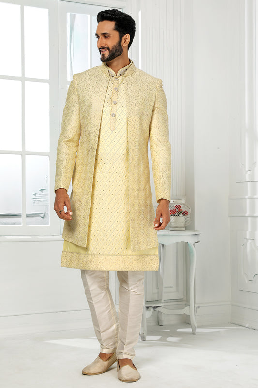 Yellow Silk Kurta Pajama With Jacket-SAR11434_1_SareeButa.com