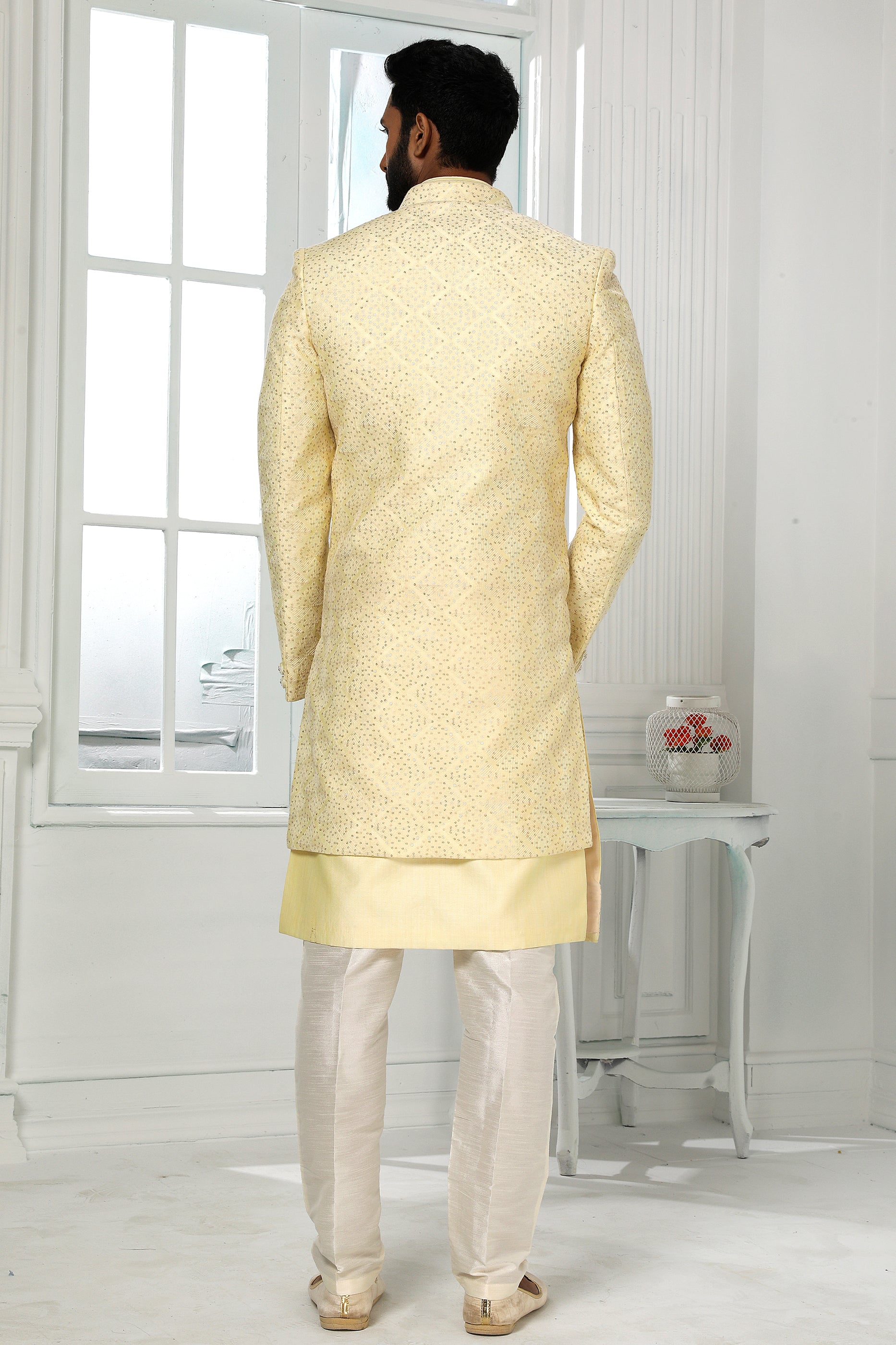 Yellow Silk Kurta Pajama With Jacket-SAR11434_2_SareeButa.com