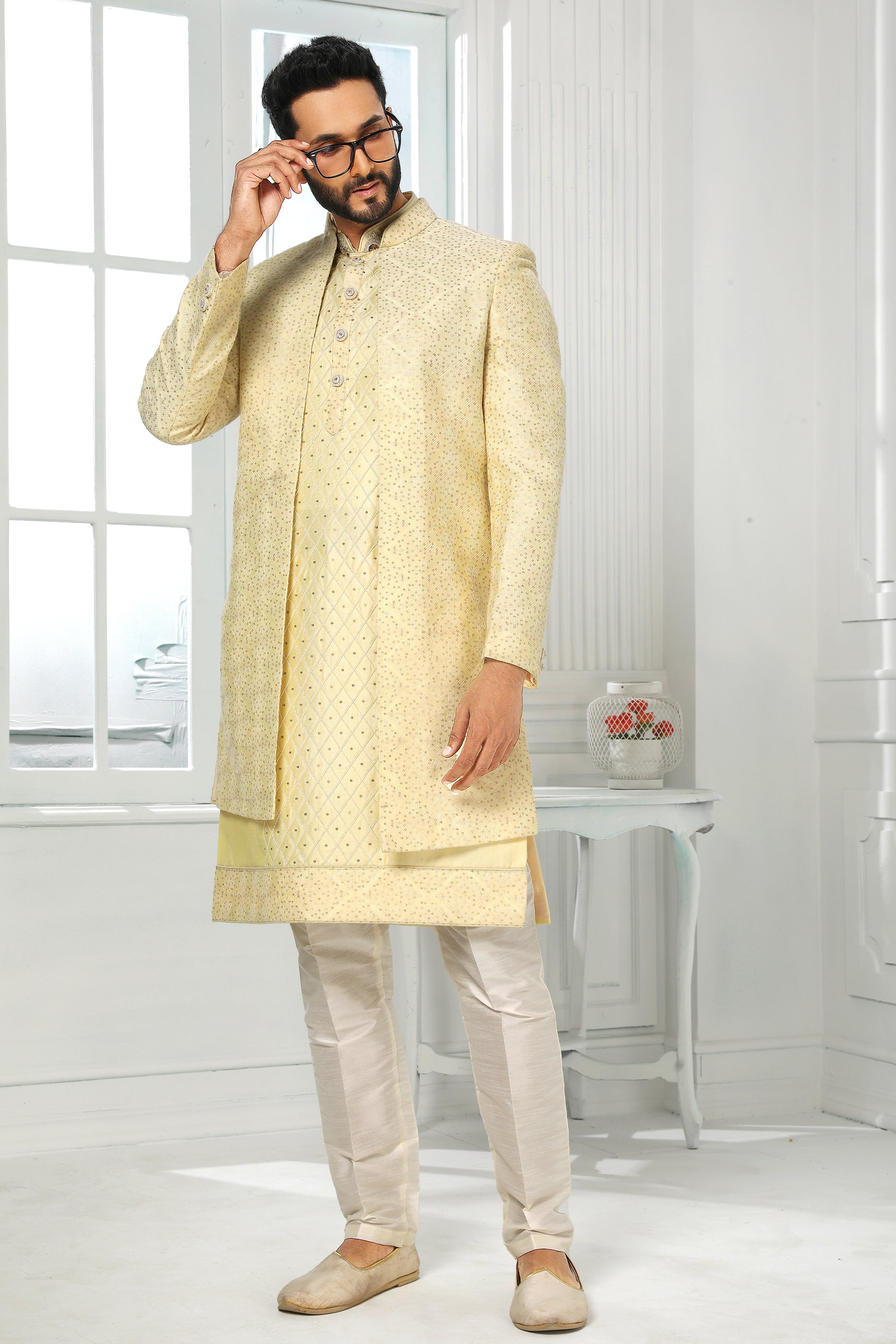 Yellow Silk Kurta Pajama With Jacket-SAR11434_3_SareeButa.com