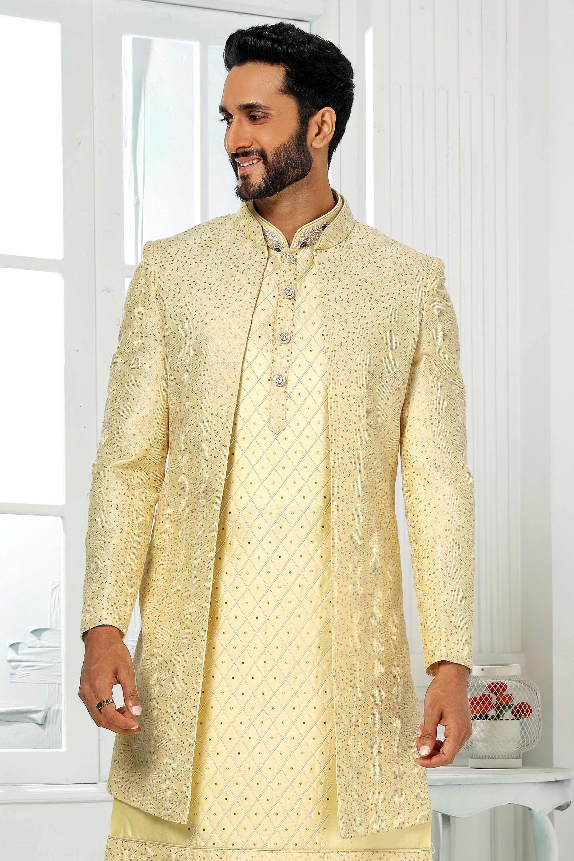Yellow Silk Kurta Pajama With Jacket-SAR11434_4_SareeButa.com