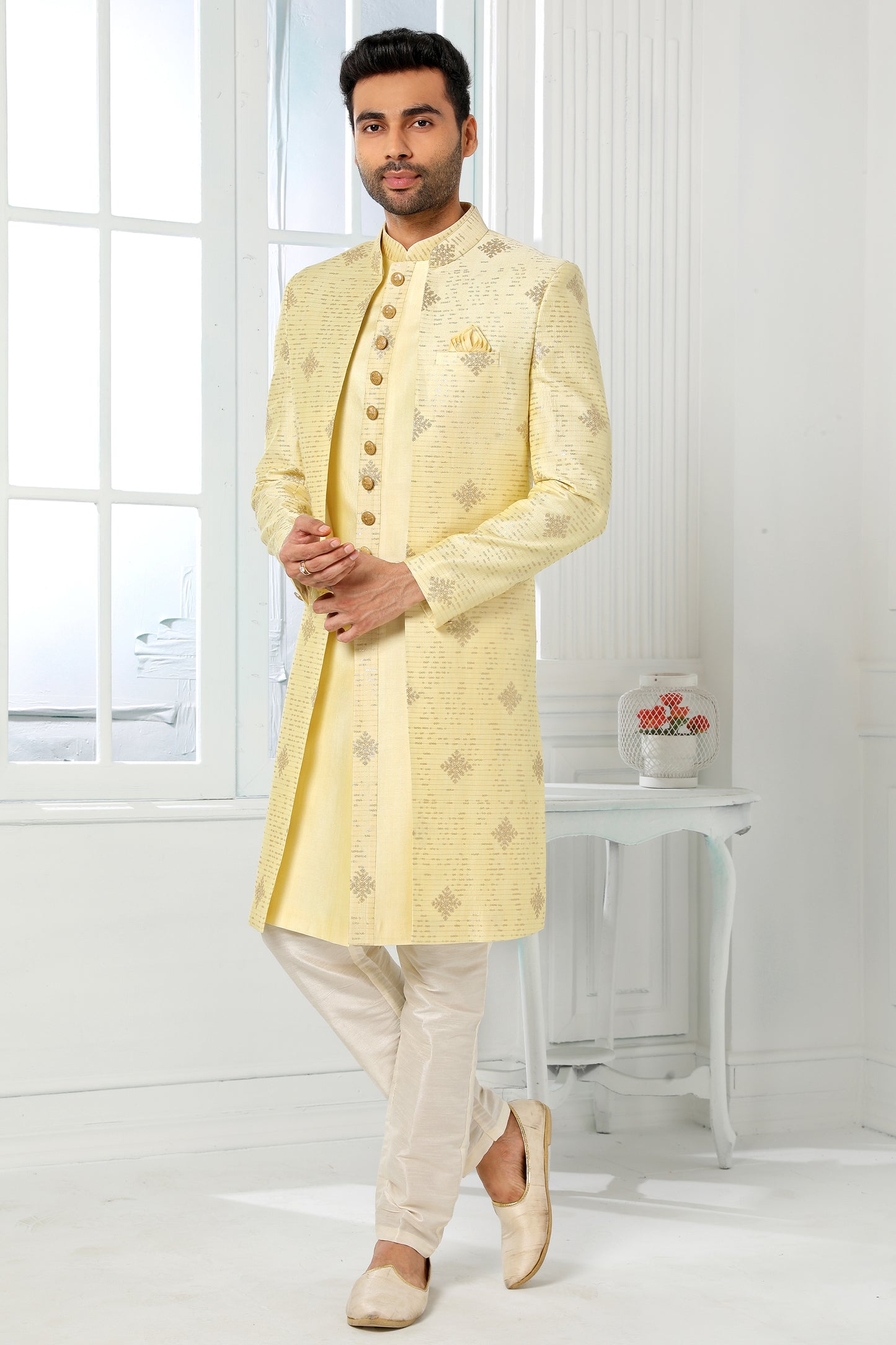 Yellow Silk Kurta Pajama With Jacket-SAR11442_1_SareeButa.com