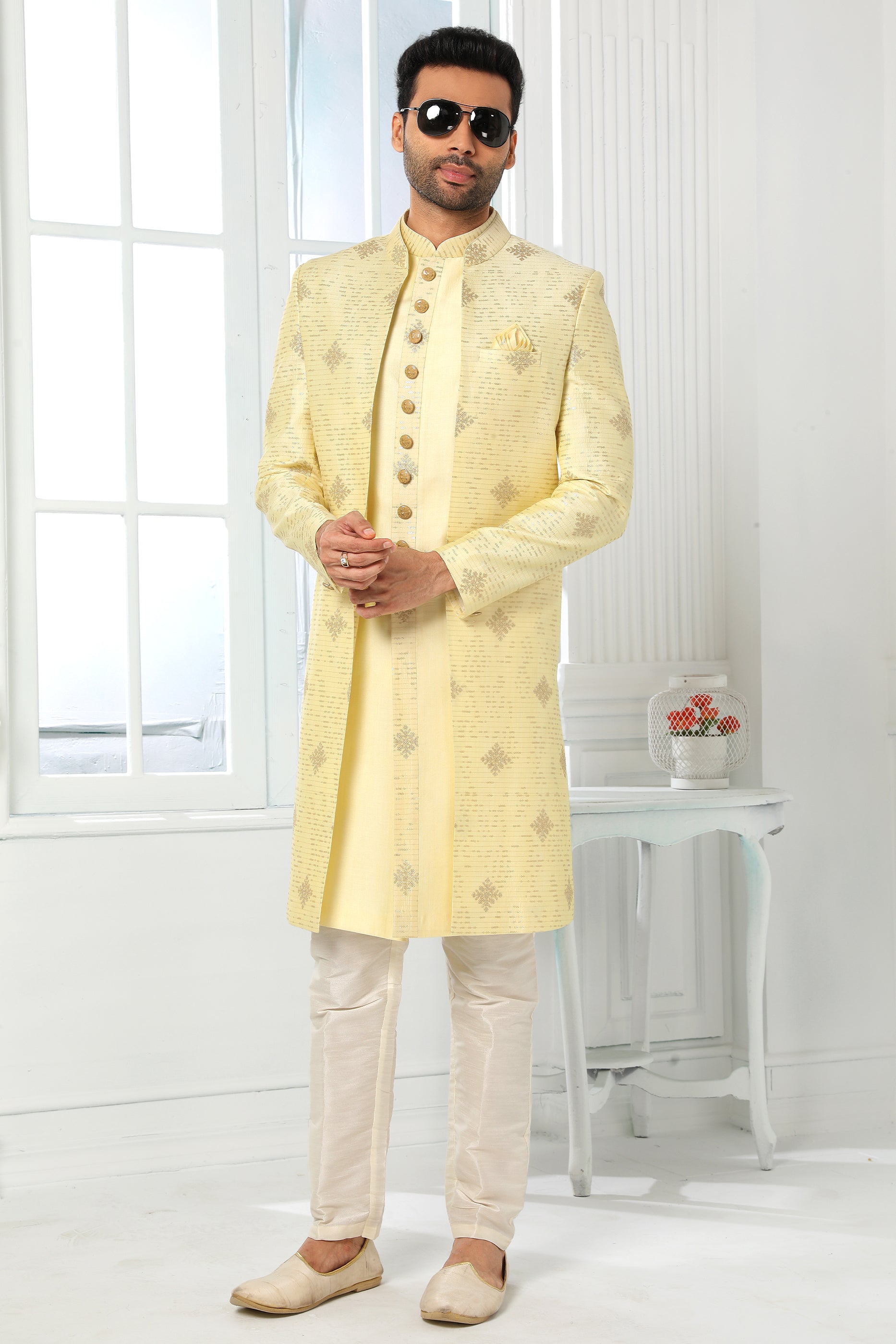 Yellow Silk Kurta Pajama With Jacket-SAR11442_3_SareeButa.com