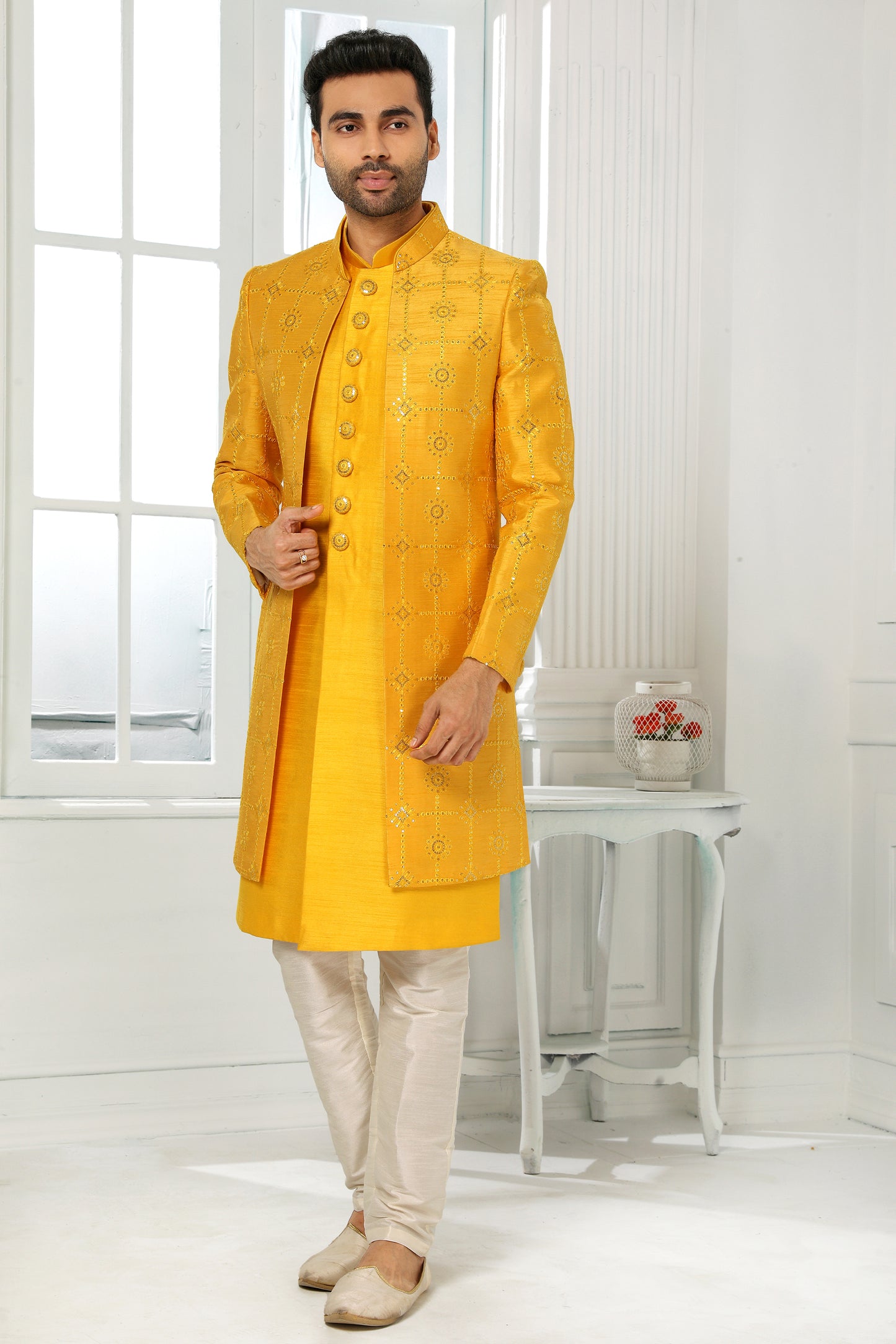 Yellow Silk Kurta Pajama With Jacket-SAR11444_1_SareeButa.com