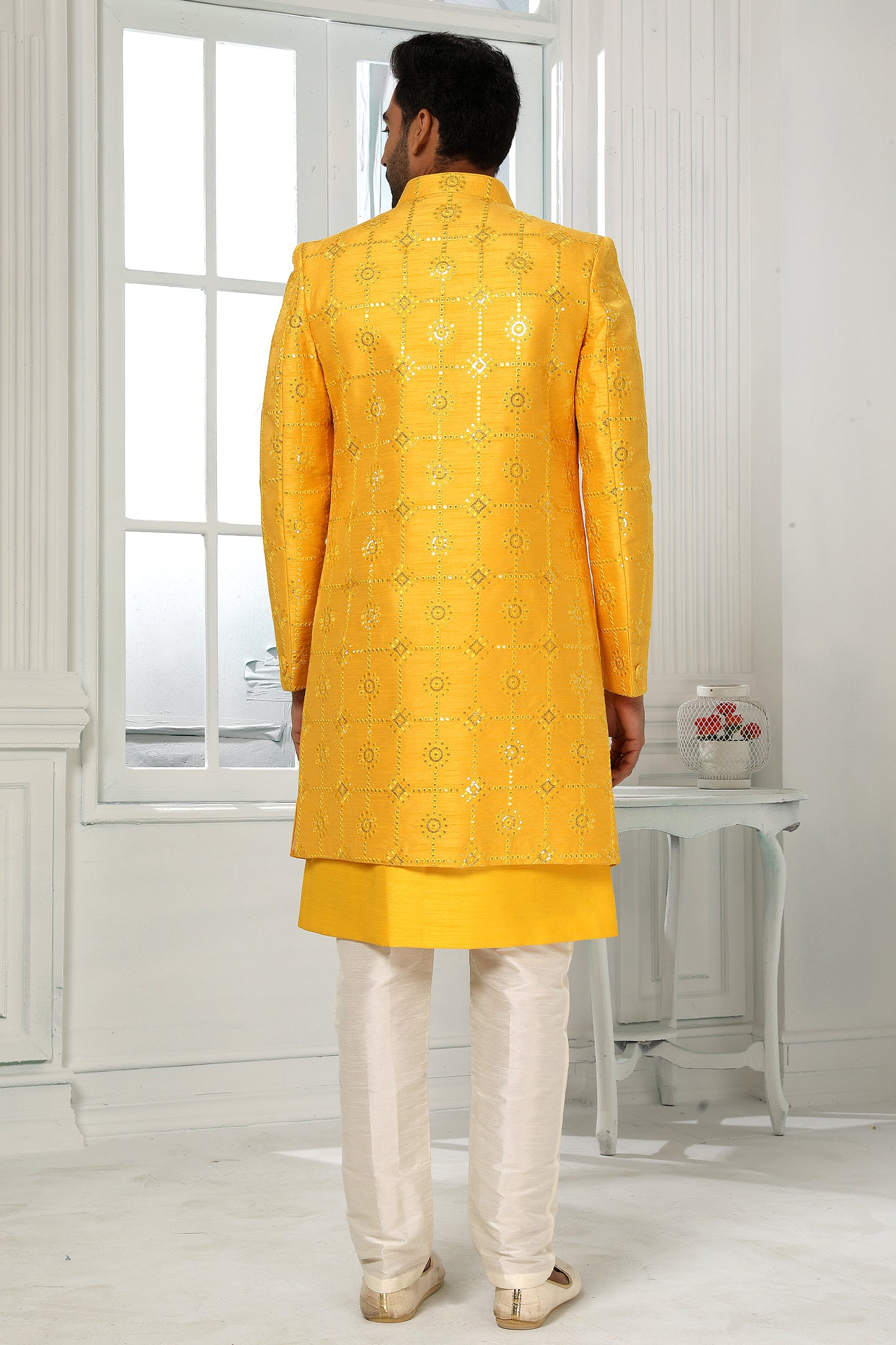 Yellow Silk Kurta Pajama With Jacket-SAR11444_2_SareeButa.com