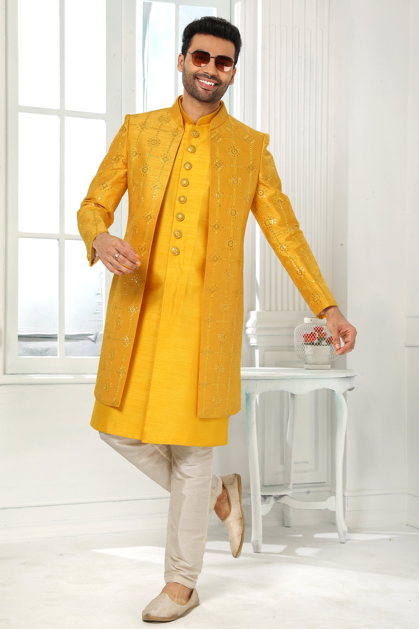 Yellow Silk Kurta Pajama With Jacket-SAR11444_3_SareeButa.com