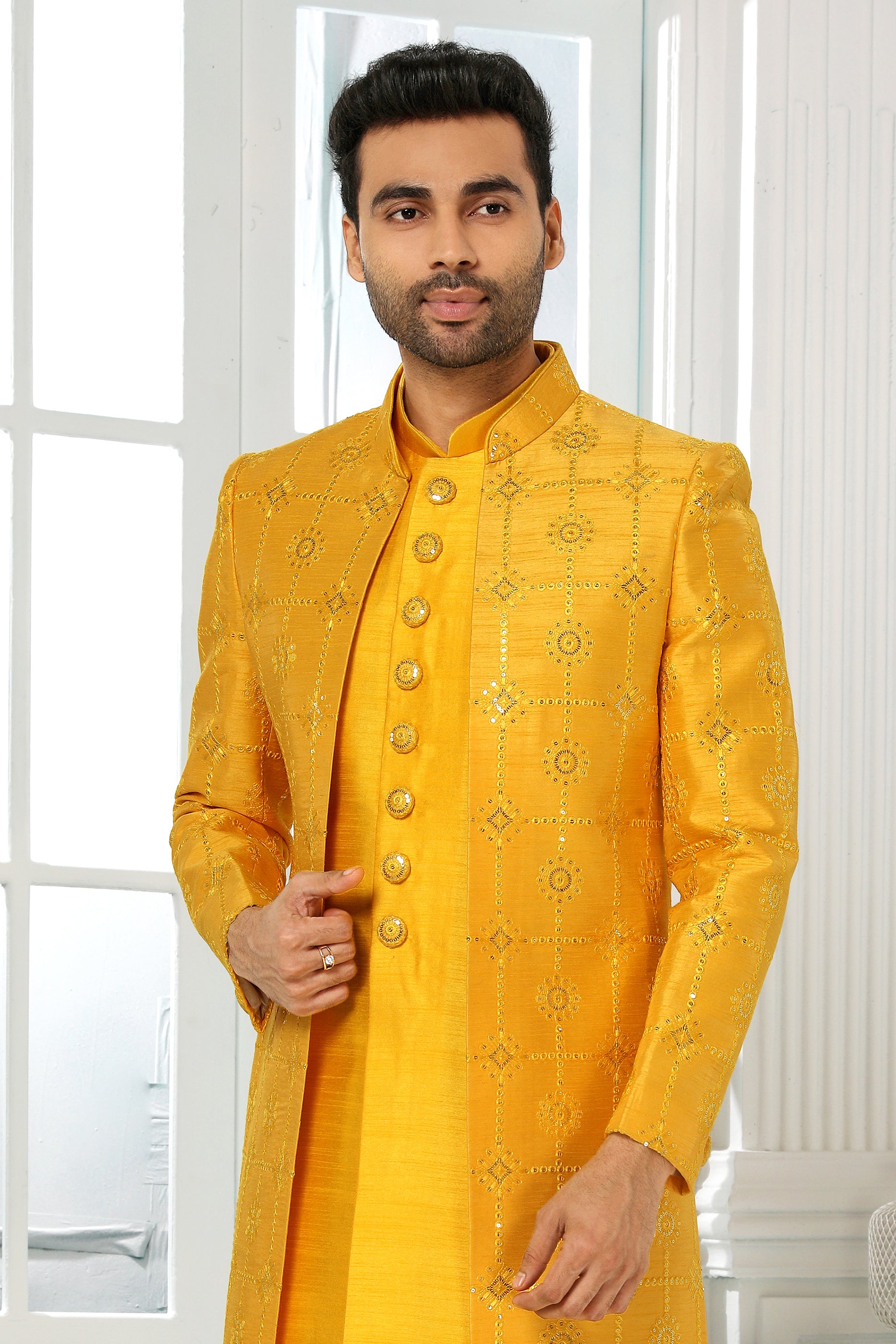 Yellow Silk Kurta Pajama With Jacket-SAR11444_4_SareeButa.com