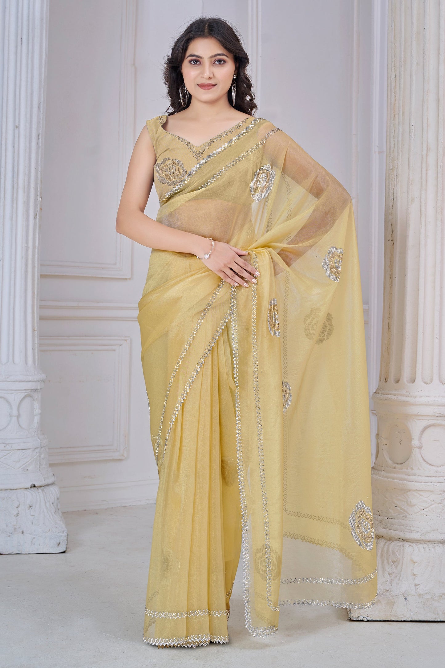 Yellow Stone Work Organza Saree-SAR10762_1_SareeButa.com