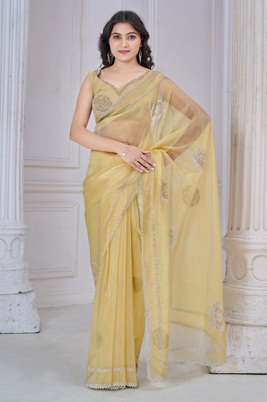 Yellow Stone Work Organza Saree-SAR10762_1_SareeButa.com