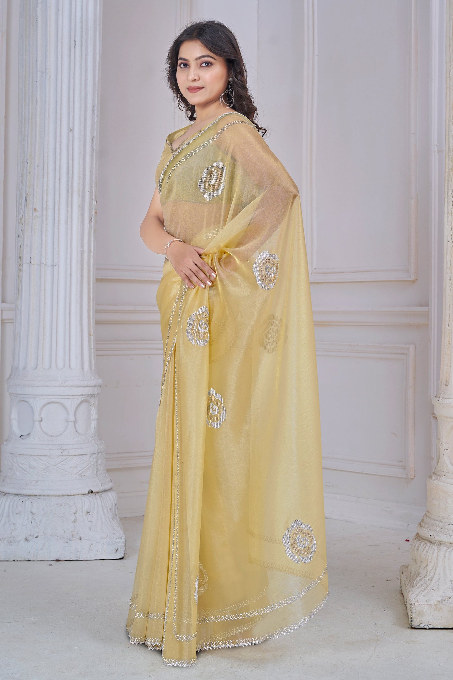 Yellow Stone Work Organza Saree-SAR10762_3_SareeButa.com