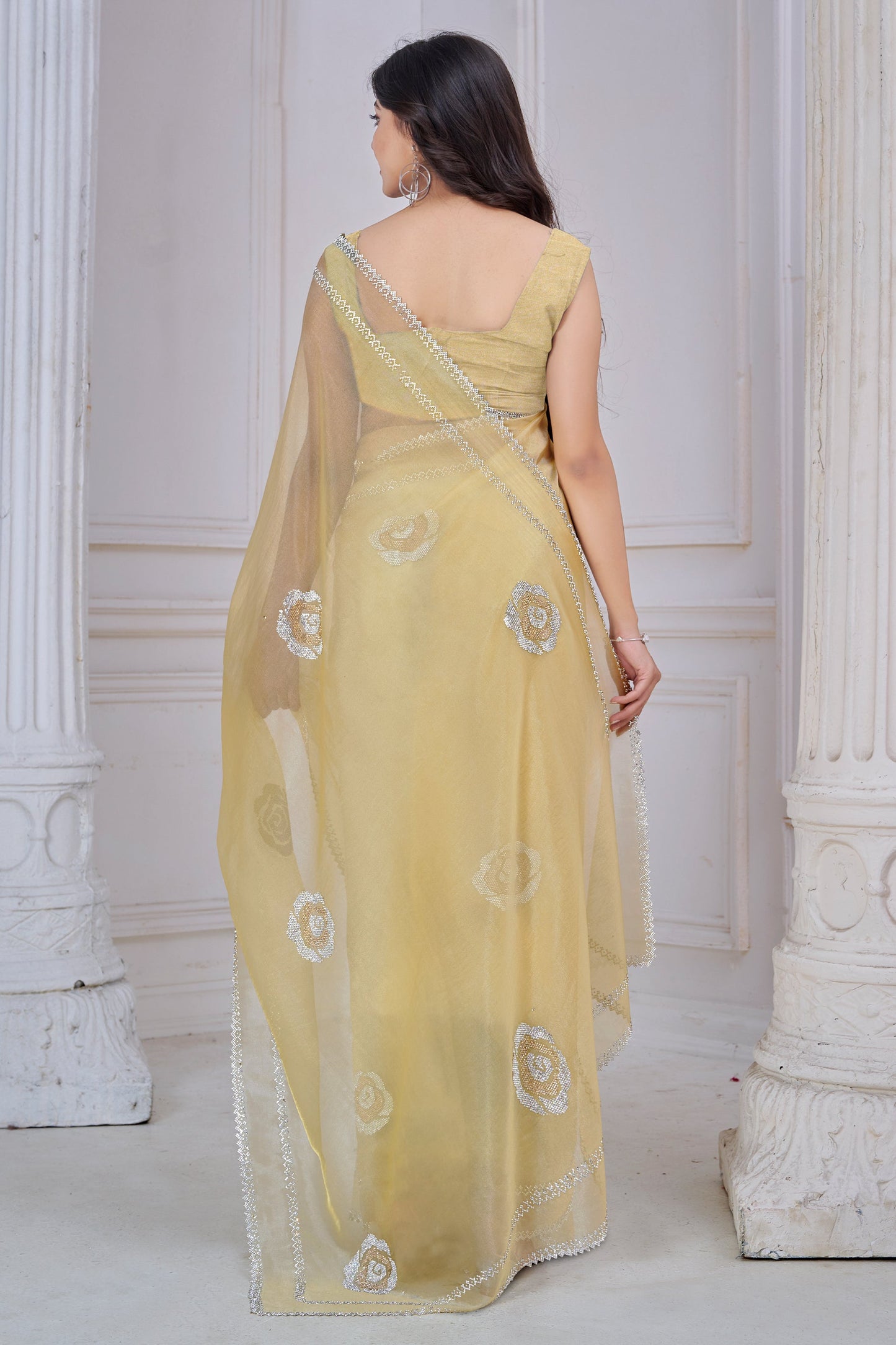 Yellow Stone Work Organza Saree-SAR10762_4_SareeButa.com