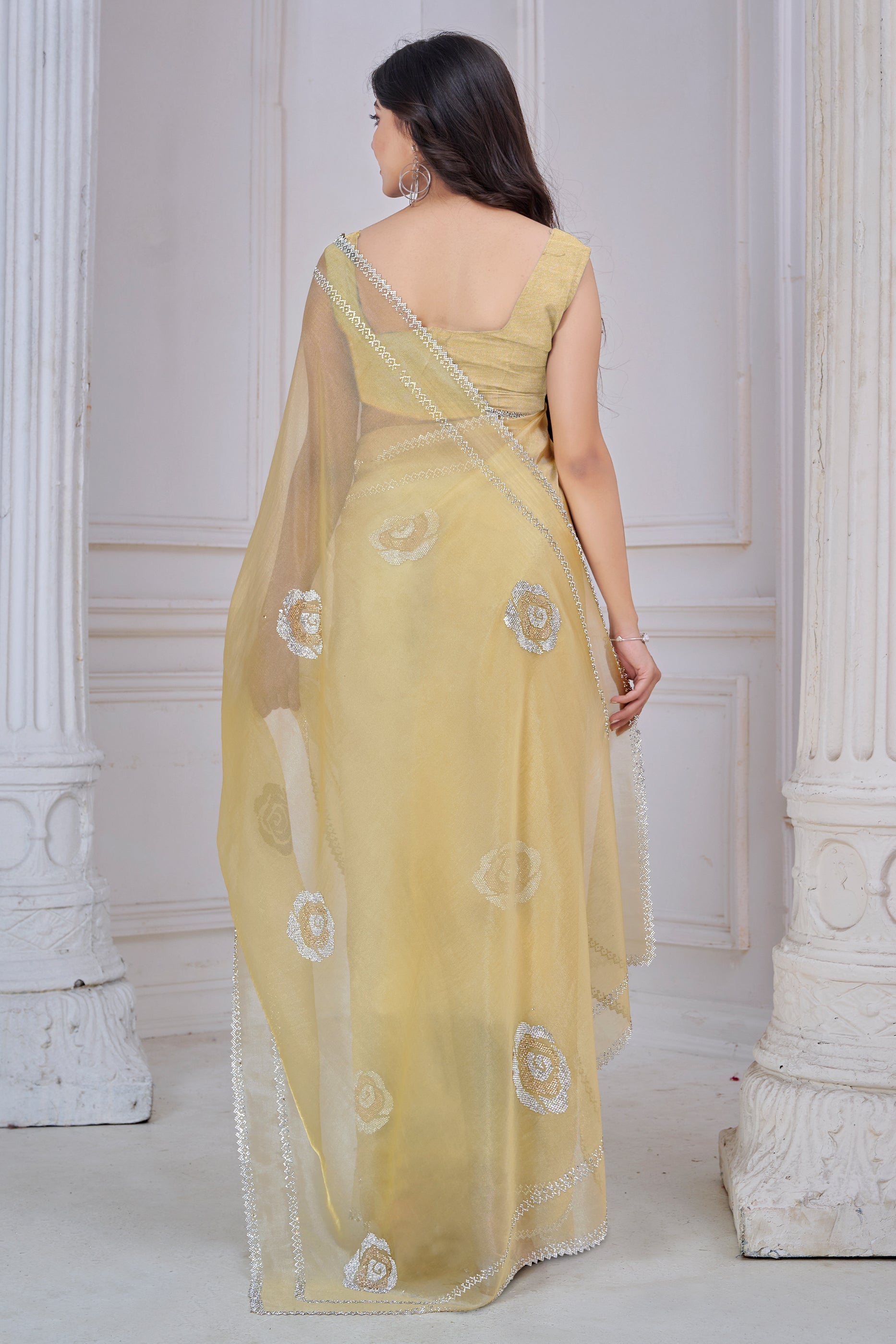 Yellow Stone Work Organza Saree-SAR10762_4_SareeButa.com