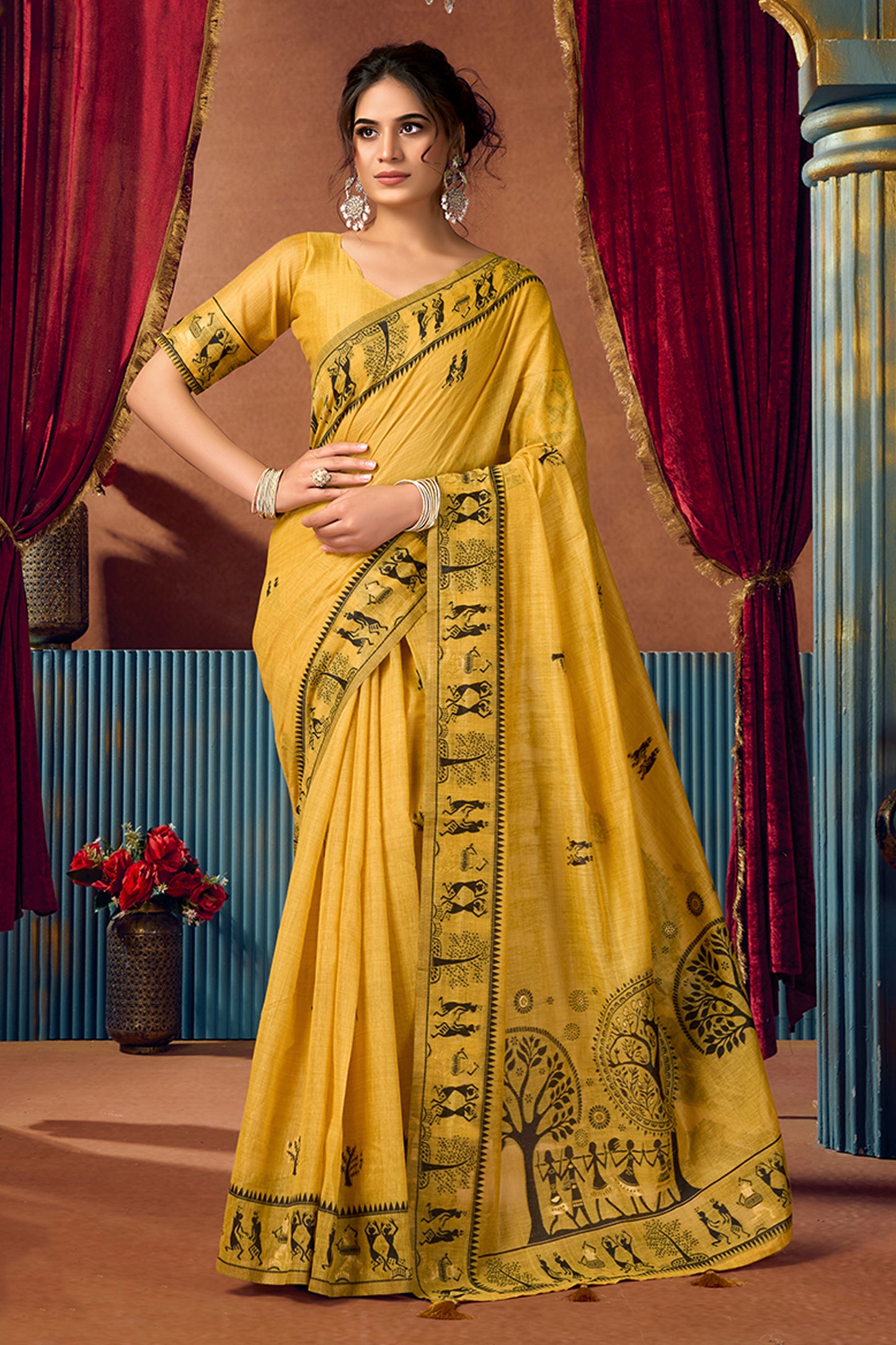 Yellow Warli Print Modal Cotton Saree-SAR12687_1_SareeButa.com