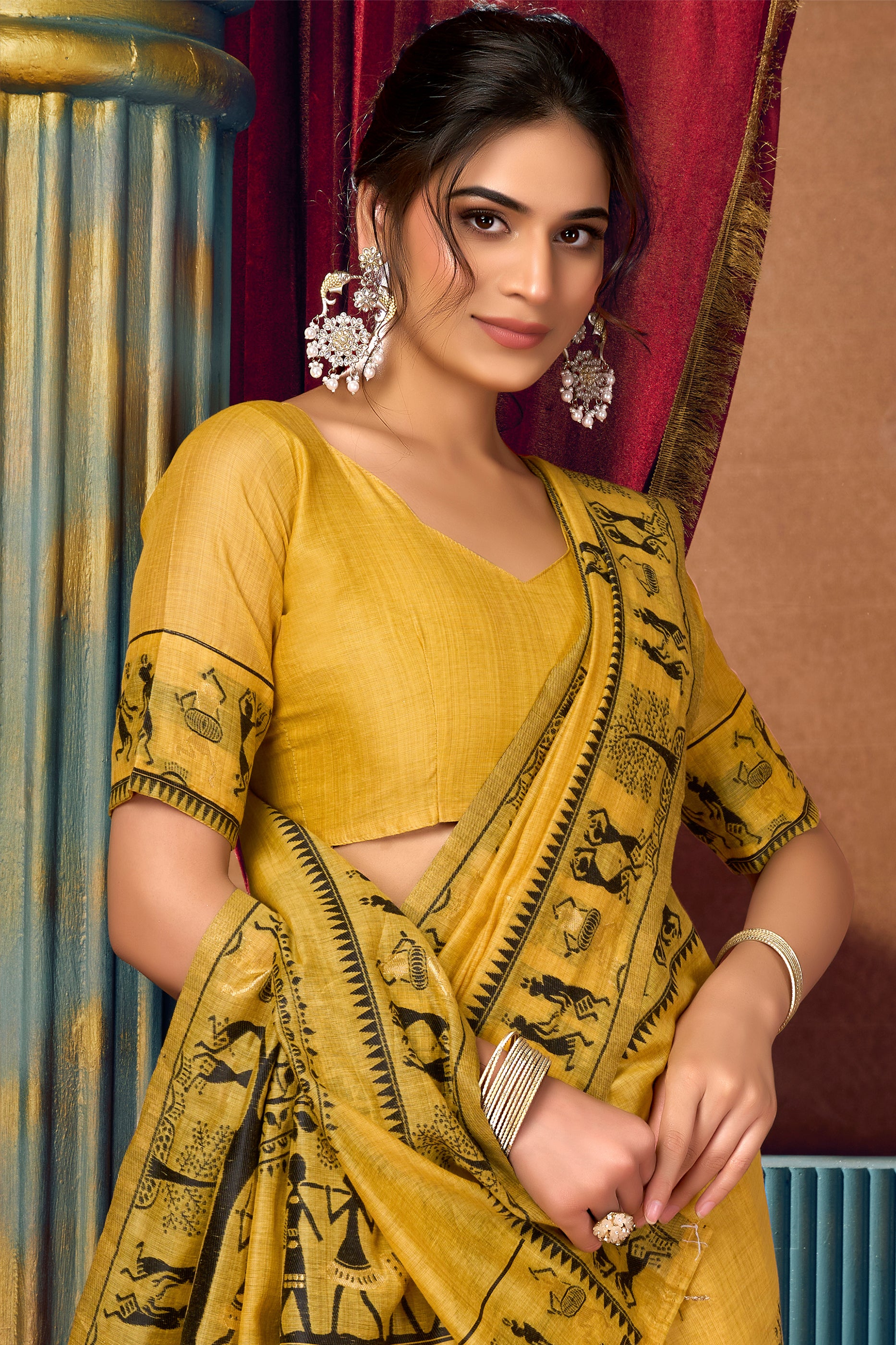 Yellow Warli Print Modal Cotton Saree-SAR12687_2_SareeButa.com
