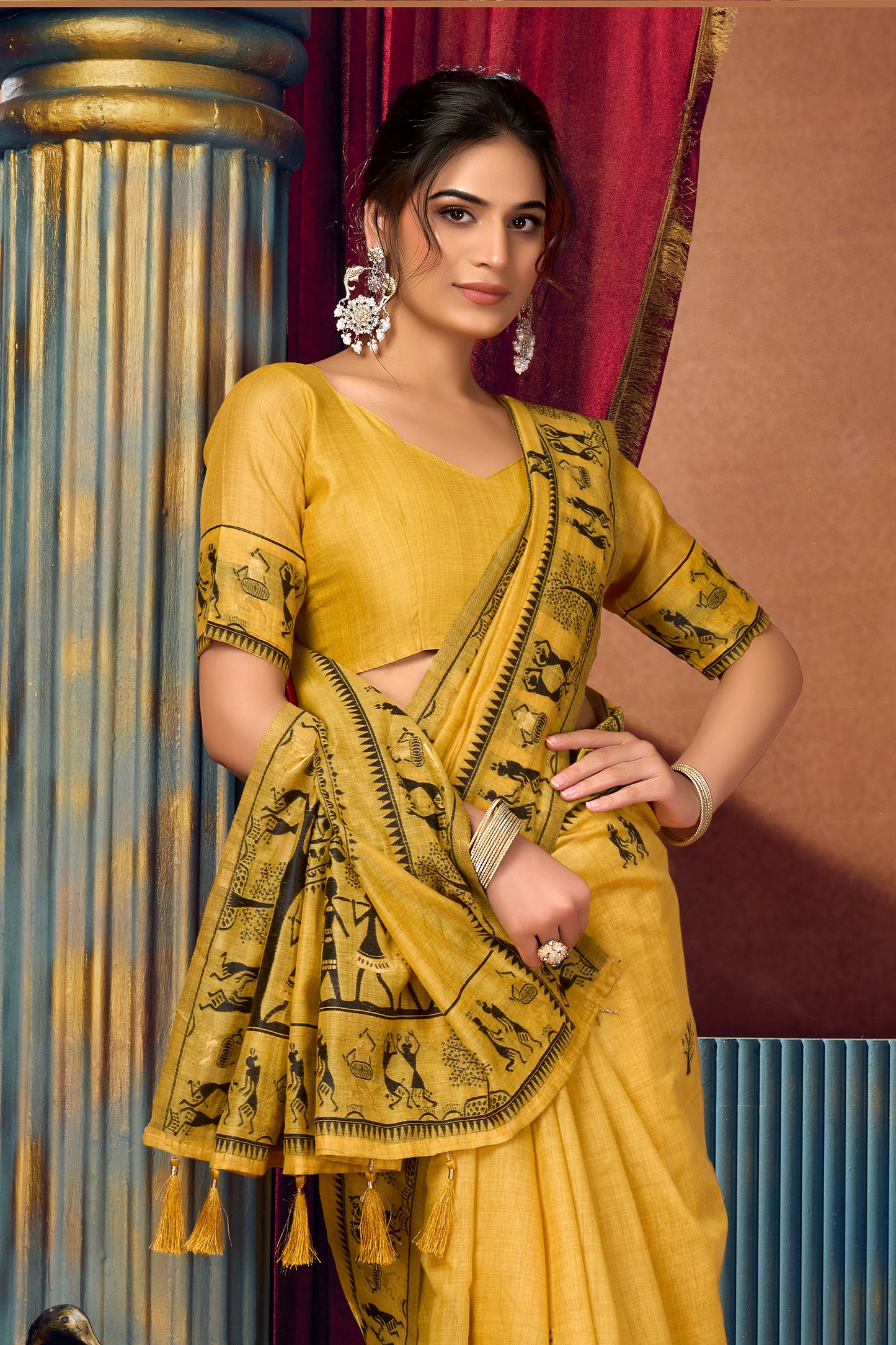 Yellow Warli Print Modal Cotton Saree-SAR12687_3_SareeButa.com