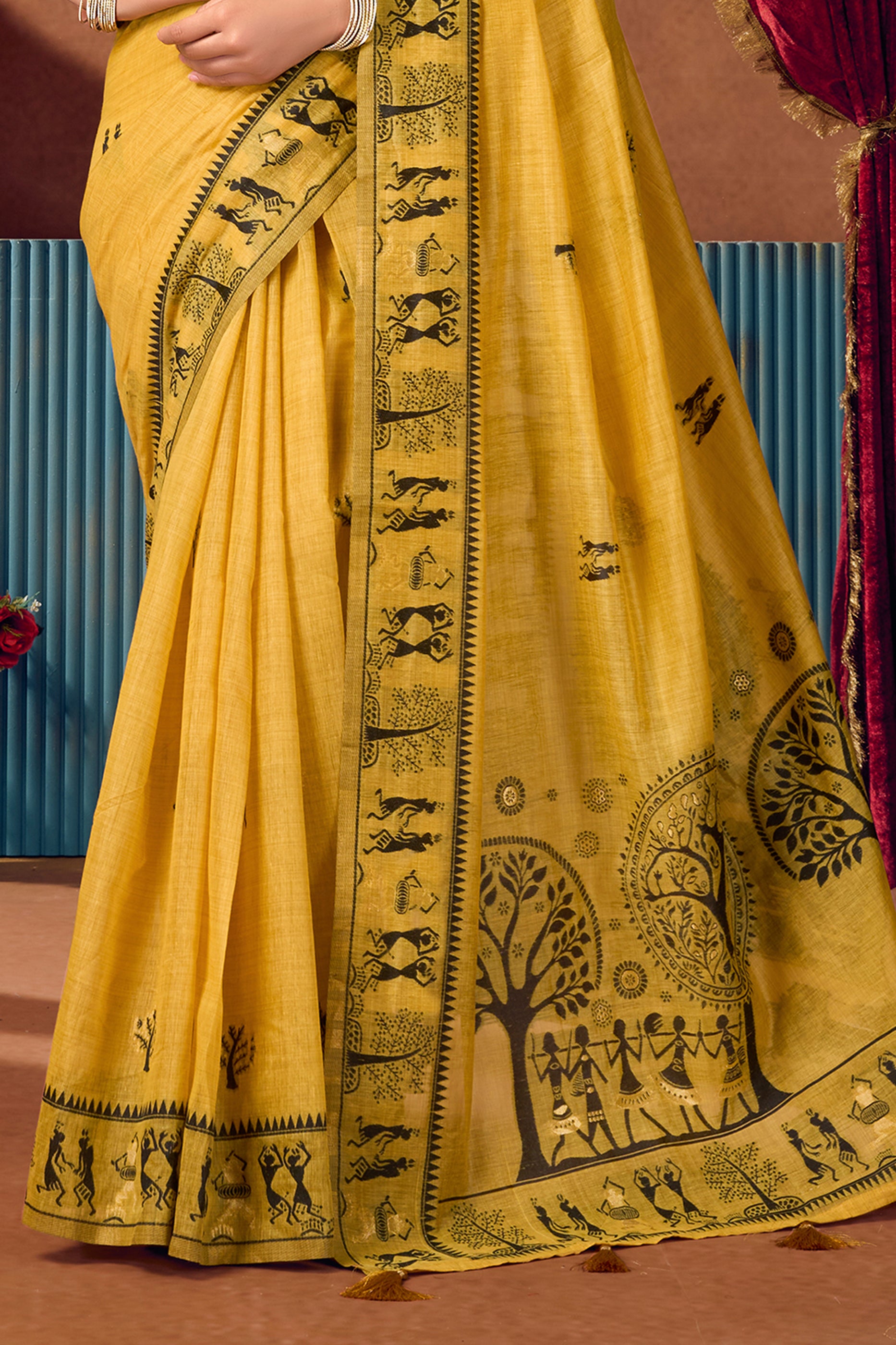 Yellow Warli Print Modal Cotton Saree-SAR12687_5_SareeButa.com