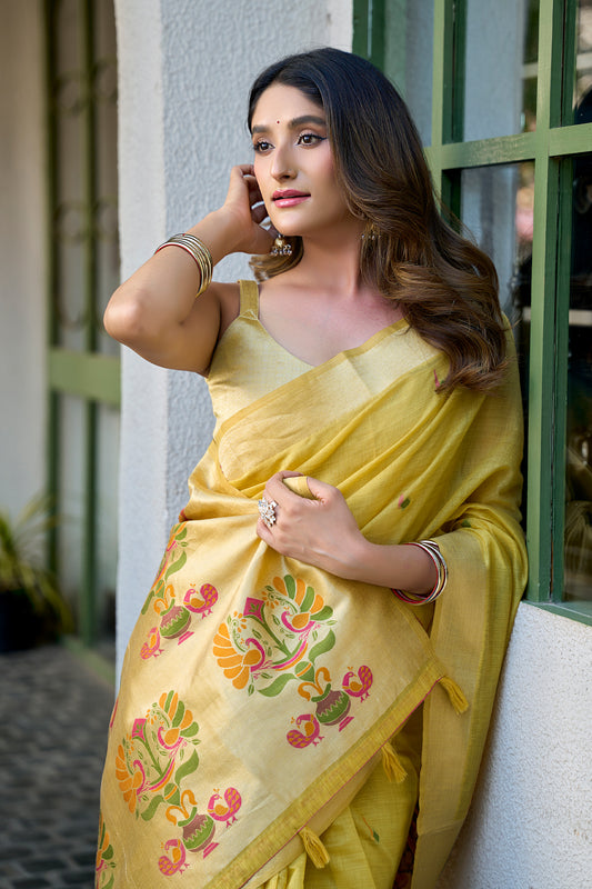 Yellow Woven Cotton Saree with Paithani Pallu-SAR12739_2_SareeButa.com