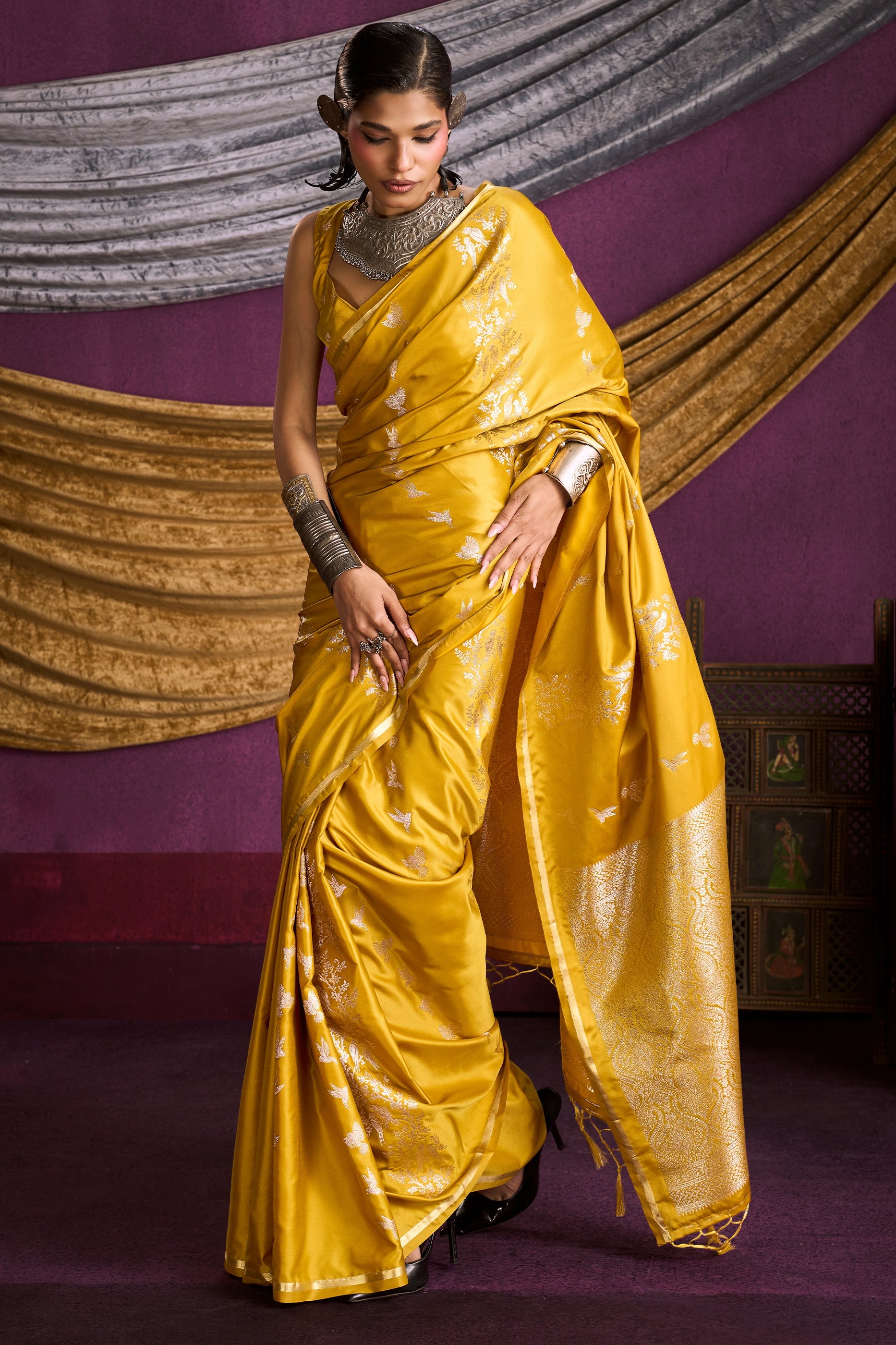 Yellow Woven Satin Silk Saree-SAR12330_3_SareeButa.com