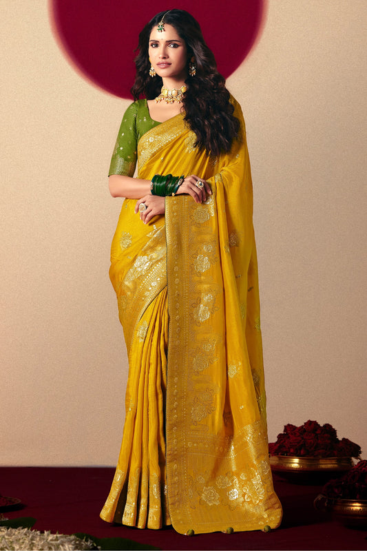 Yellow Woven Viscose Silk Saree With Brocade Blouse-SAR10248_1_SareeButa.com