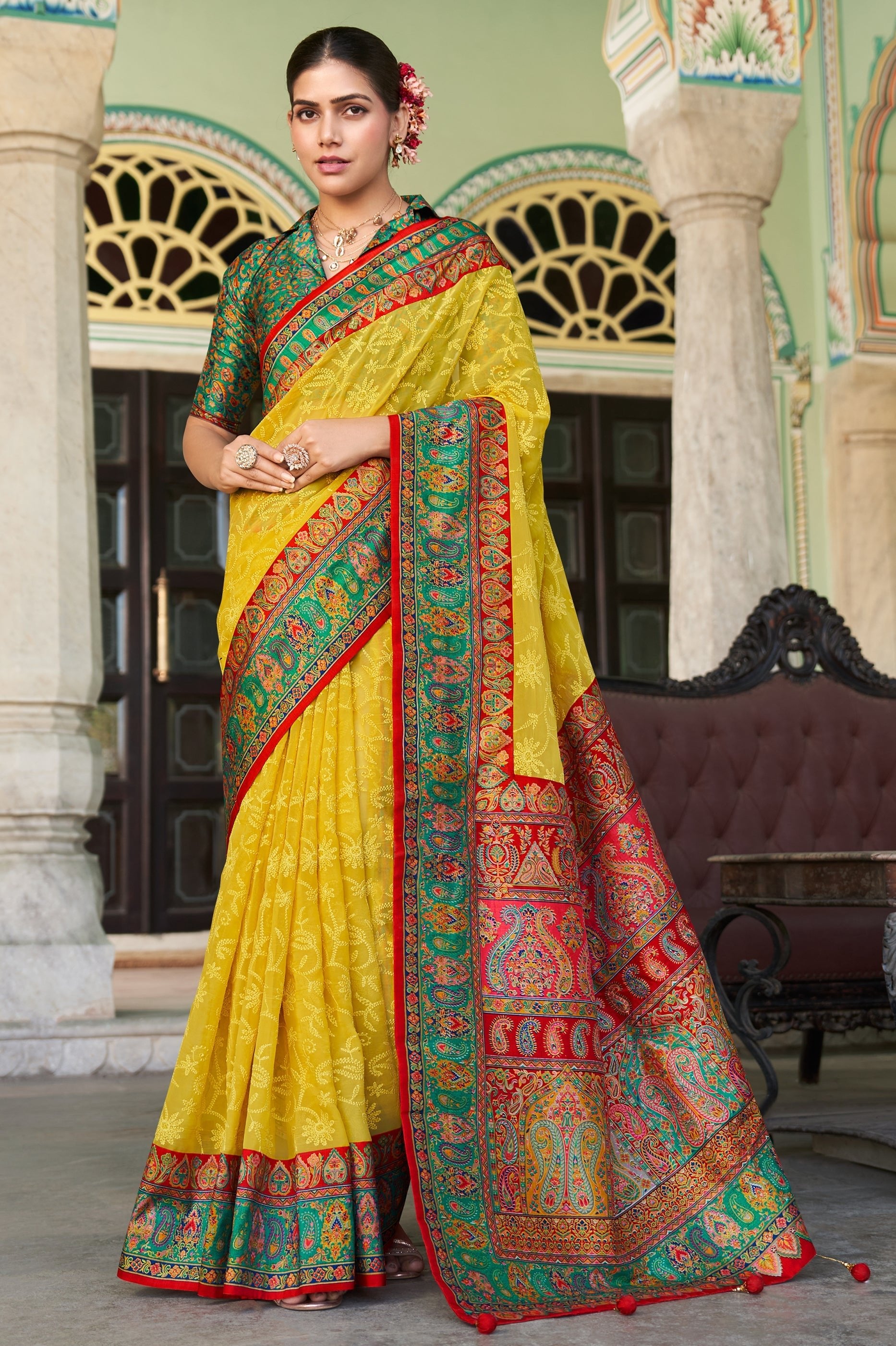Yellow and Green Printed Georgette Saree-SAR10203_1_SareeButa.com