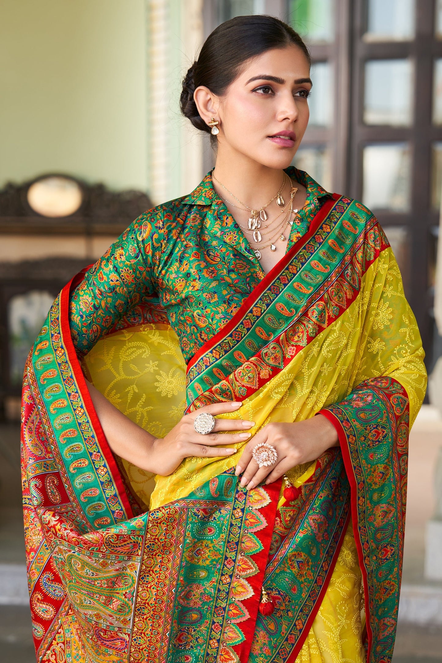 Yellow and Green Printed Georgette Saree-SAR10203_2_SareeButa.com