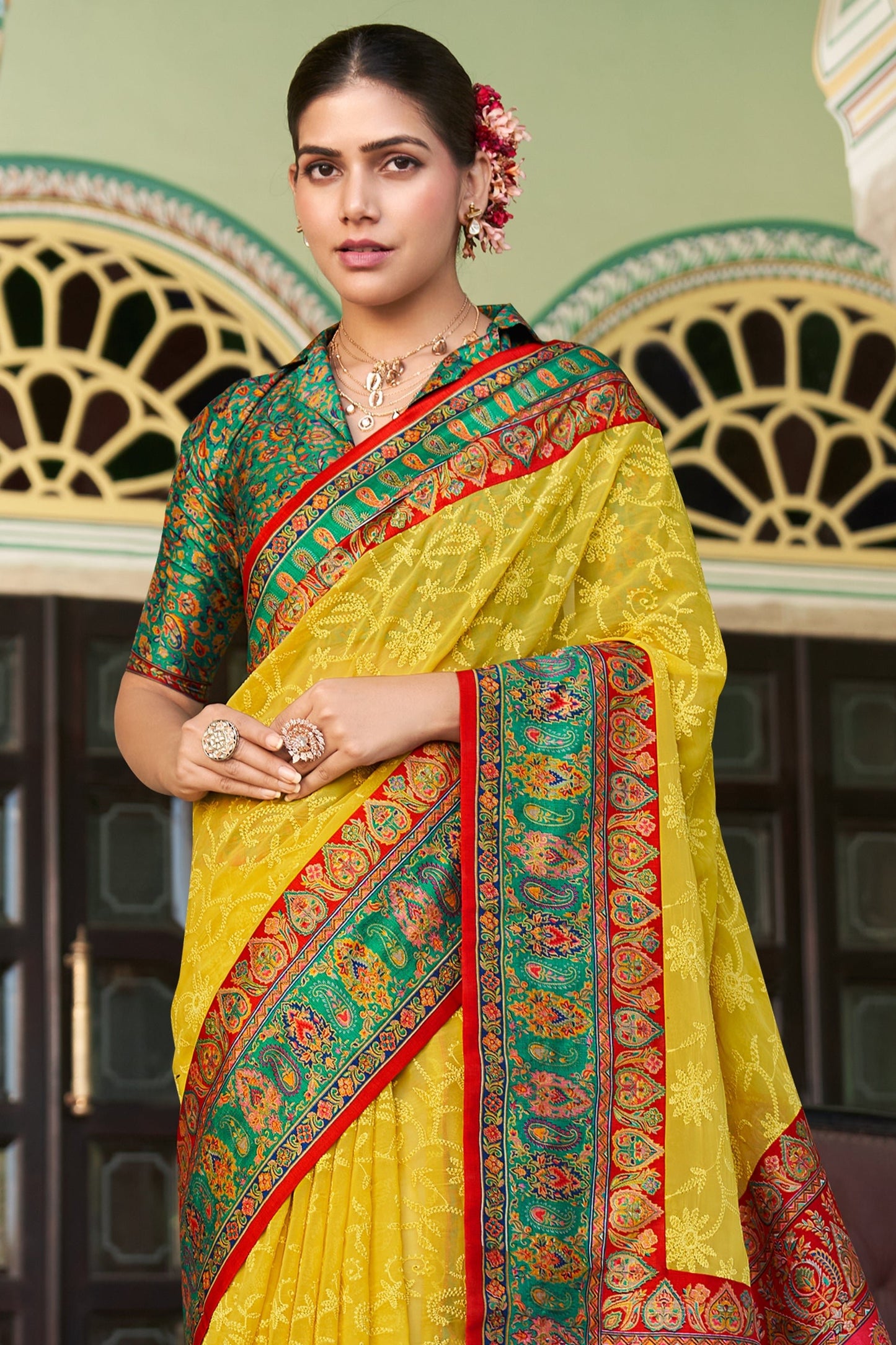 Yellow and Green Printed Georgette Saree-SAR10203_3_SareeButa.com