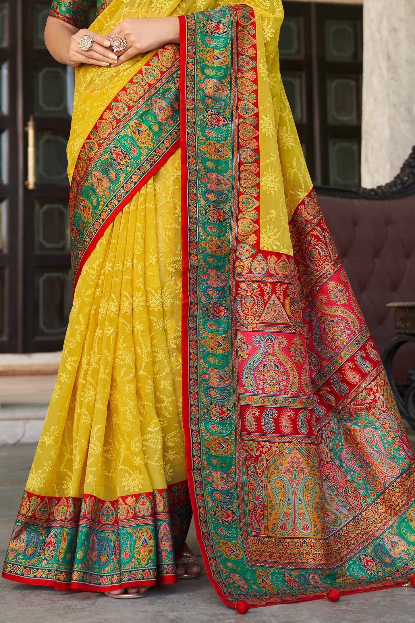 Yellow and Green Printed Georgette Saree-SAR10203_4_SareeButa.com