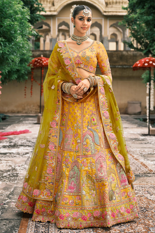 Yellow and Green Semi-Stitched Embroidered Silk Lehenga-SAR10429_1_SareeButa.com