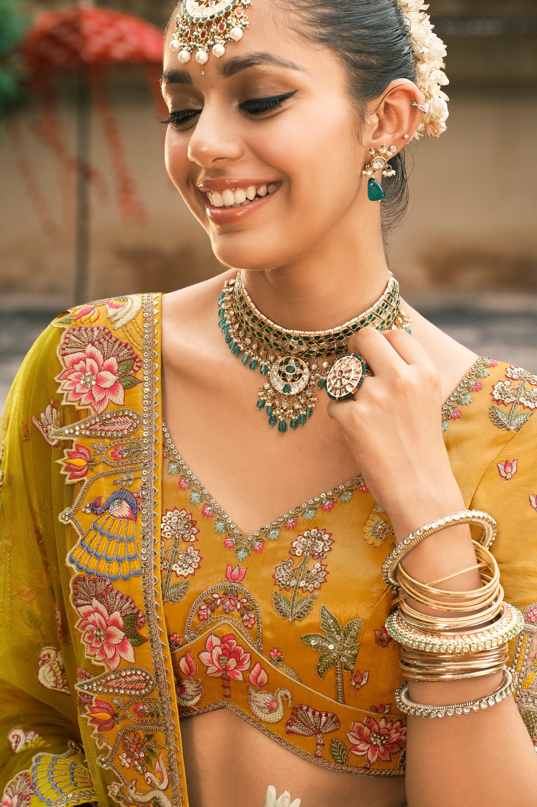 Yellow and Green Semi-Stitched Embroidered Silk Lehenga-SAR10429_3_SareeButa.com